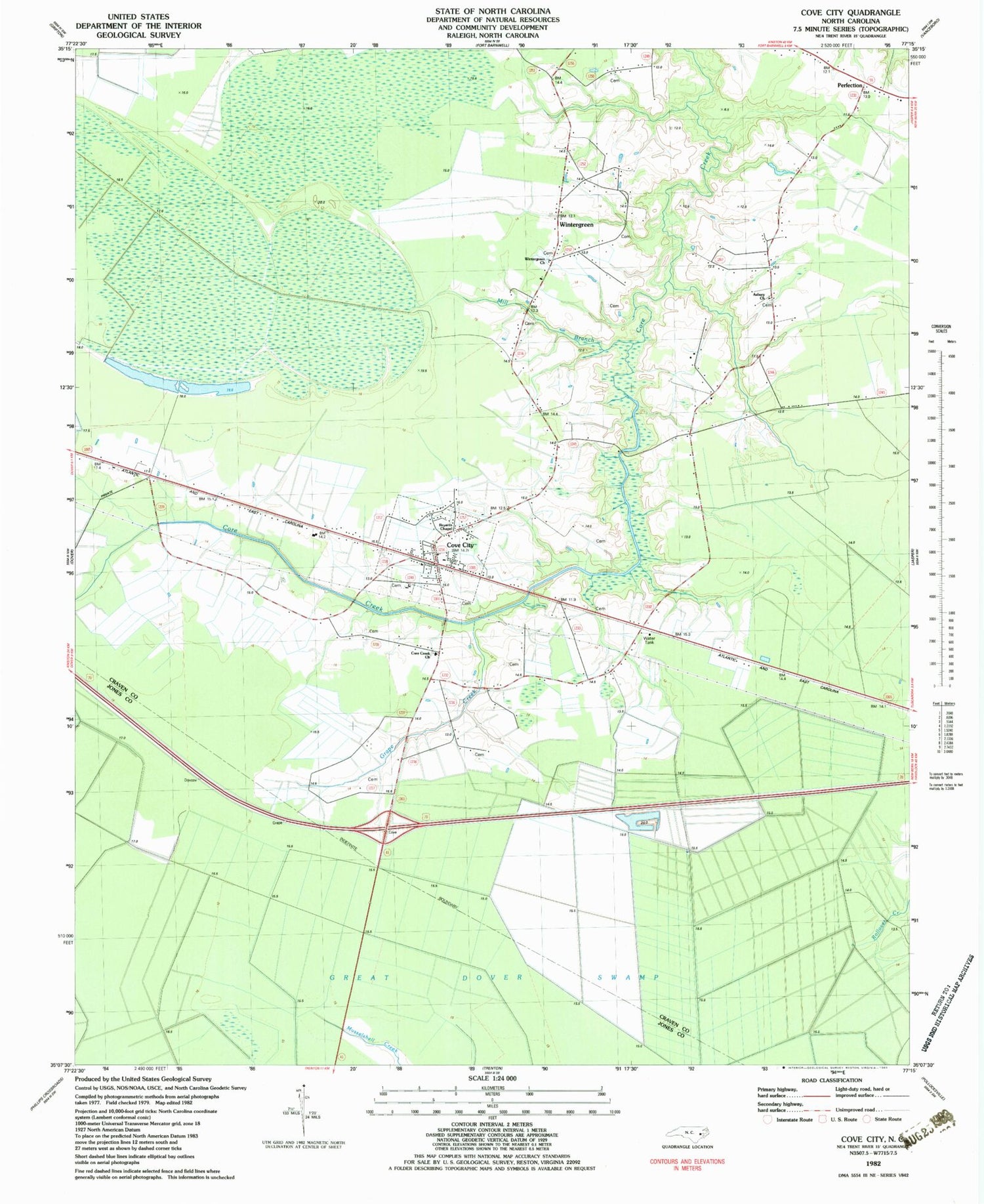 Classic USGS Cove City North Carolina 7.5'x7.5' Topo Map Image
