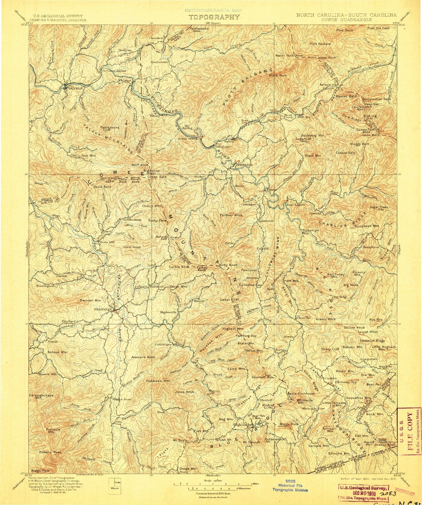 Historic 1897 Cowee North Carolina 30'x30' Topo Map Image