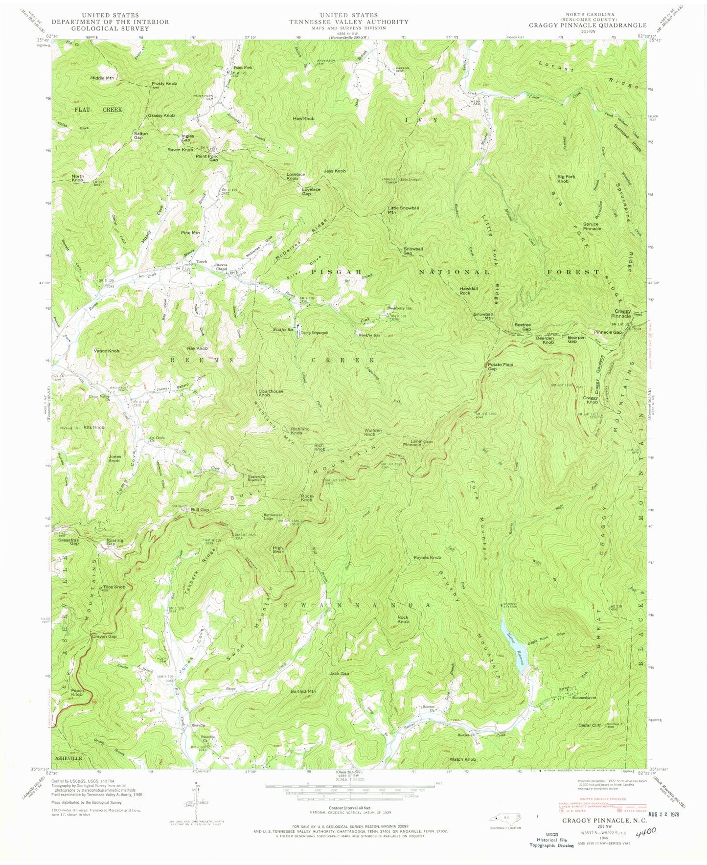 Classic USGS Craggy Pinnacle North Carolina 7.5'x7.5' Topo Map Image