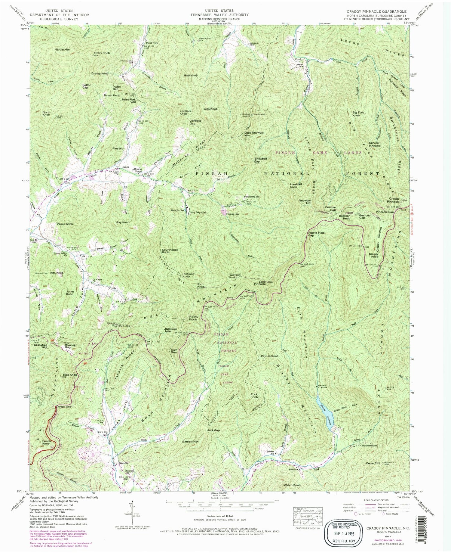 Classic USGS Craggy Pinnacle North Carolina 7.5'x7.5' Topo Map Image