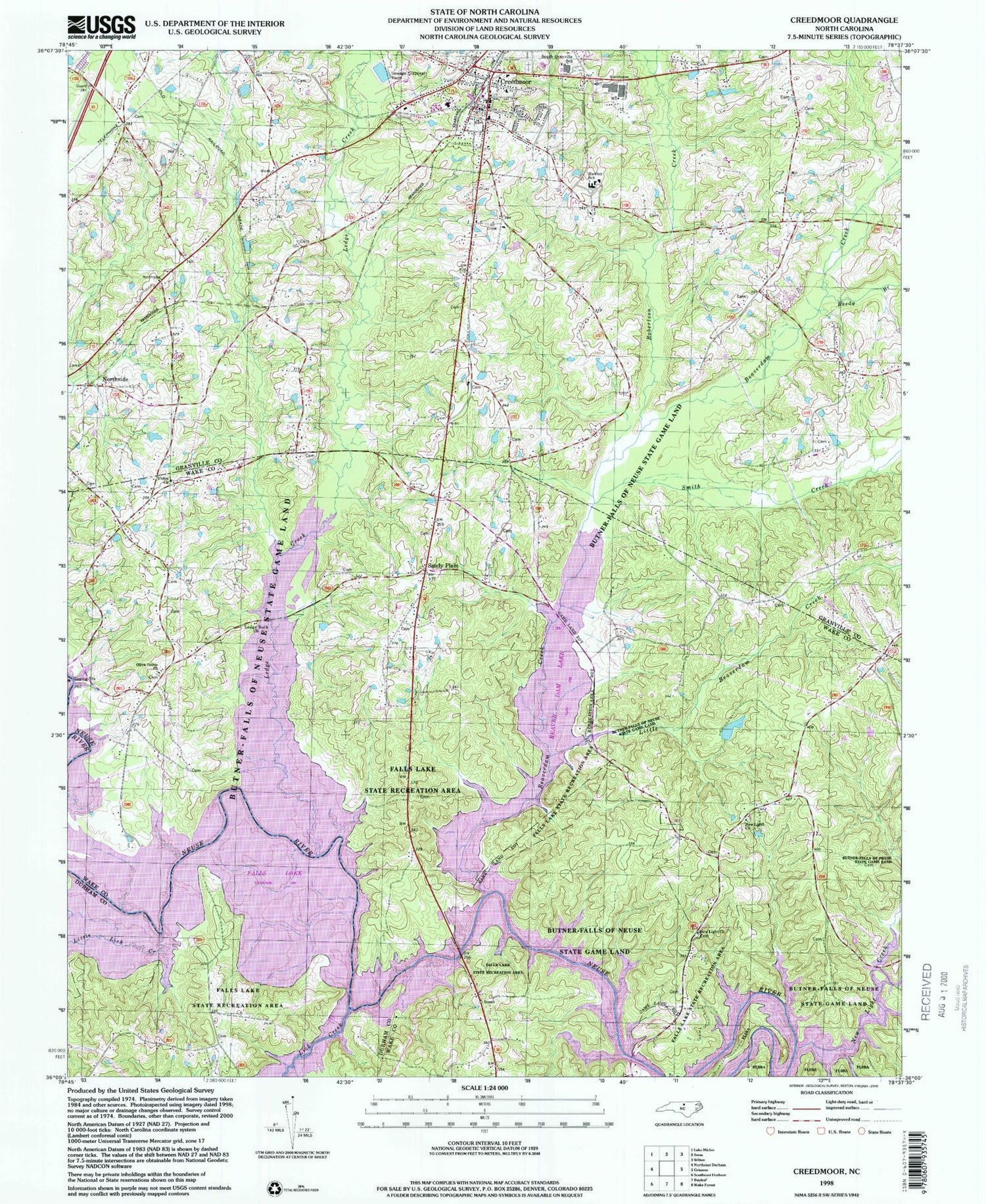 Classic USGS Creedmoor North Carolina 7.5'x7.5' Topo Map Image