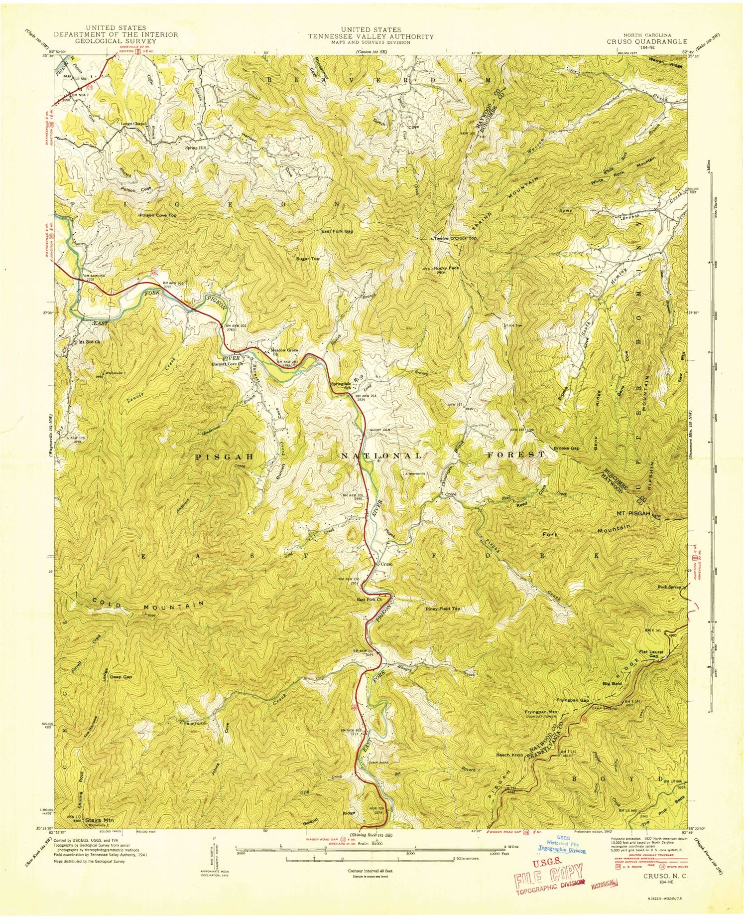 Classic USGS Cruso North Carolina 7.5'x7.5' Topo Map Image