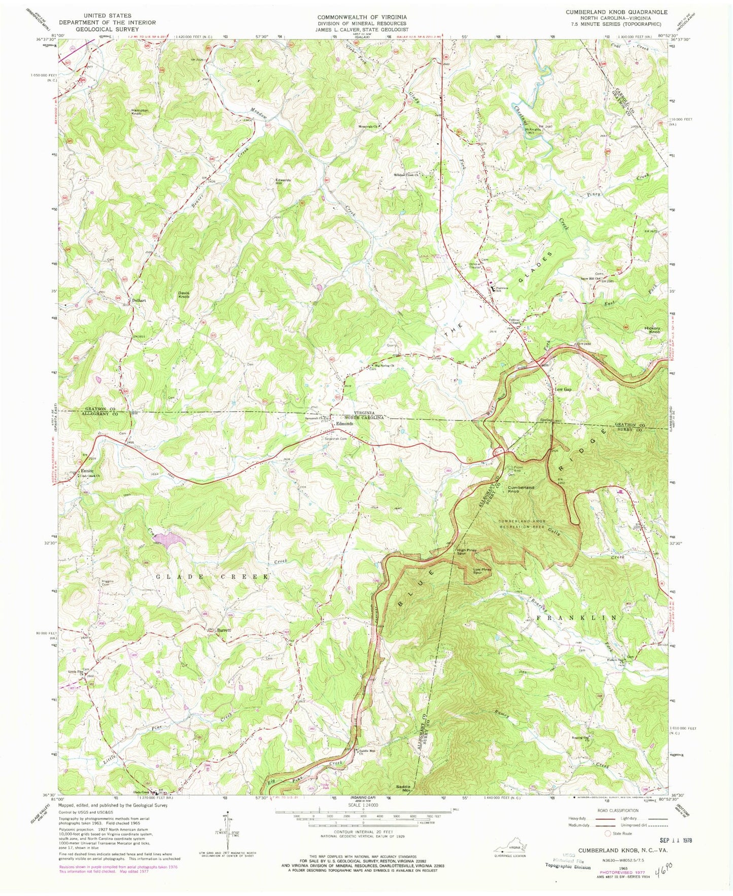 Classic USGS Cumberland Knob North Carolina 7.5'x7.5' Topo Map Image