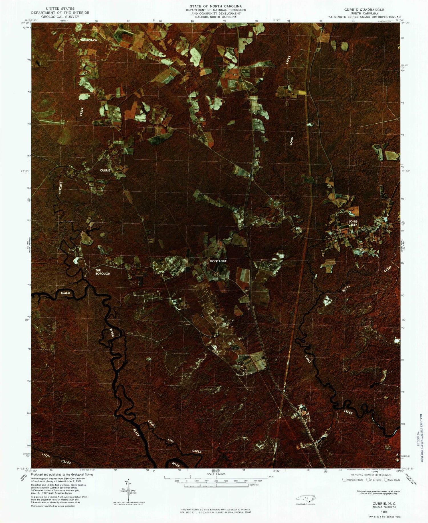 Classic USGS Currie North Carolina 7.5'x7.5' Topo Map Image