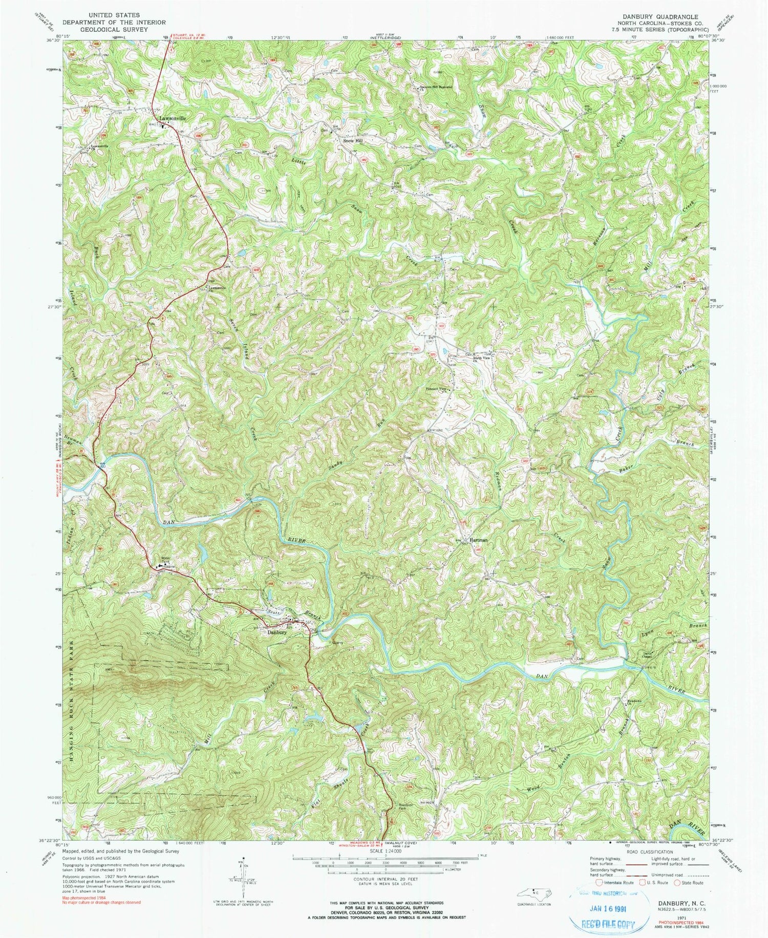 Classic USGS Danbury North Carolina 7.5'x7.5' Topo Map Image