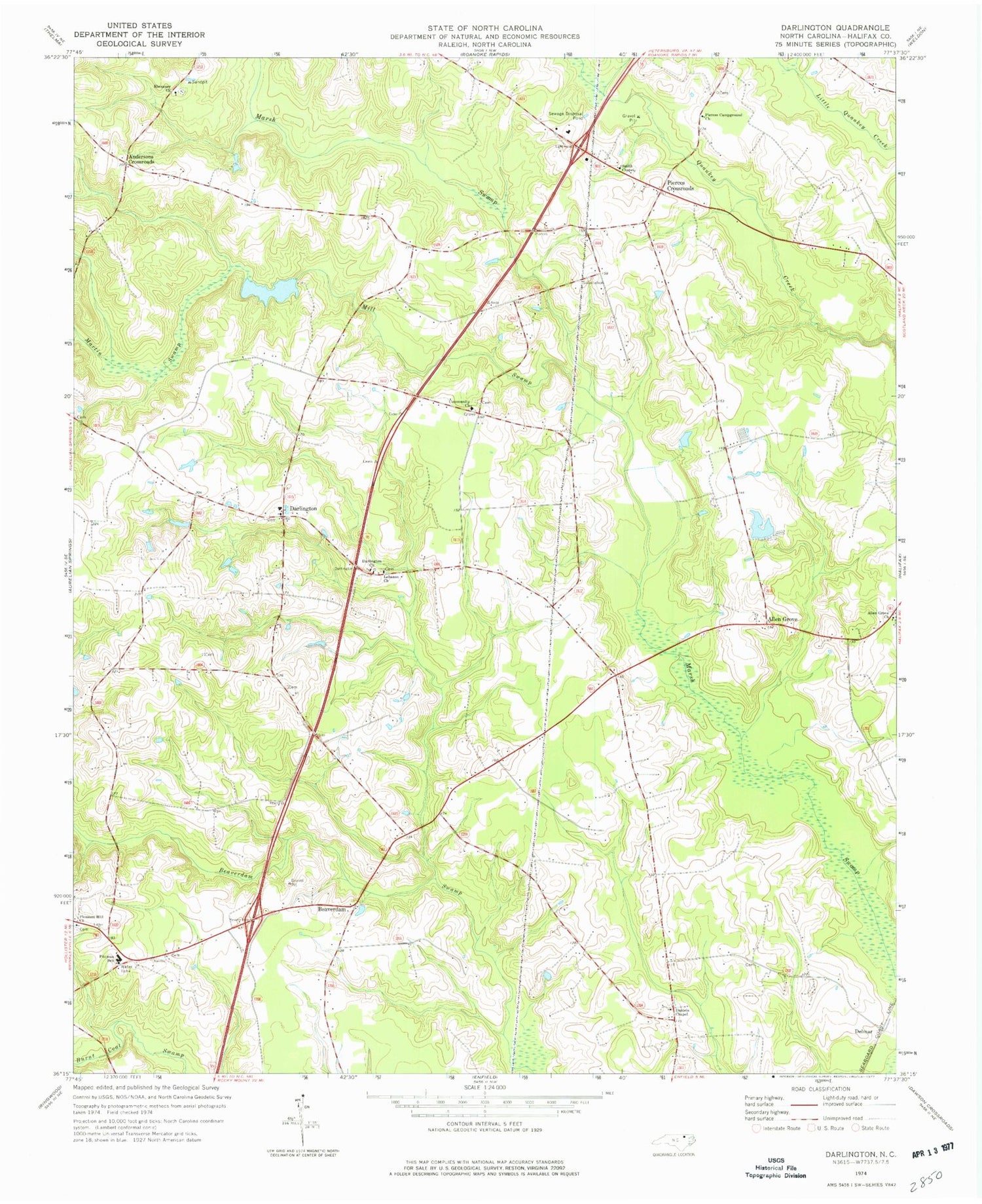 Classic USGS Darlington North Carolina 7.5'x7.5' Topo Map Image