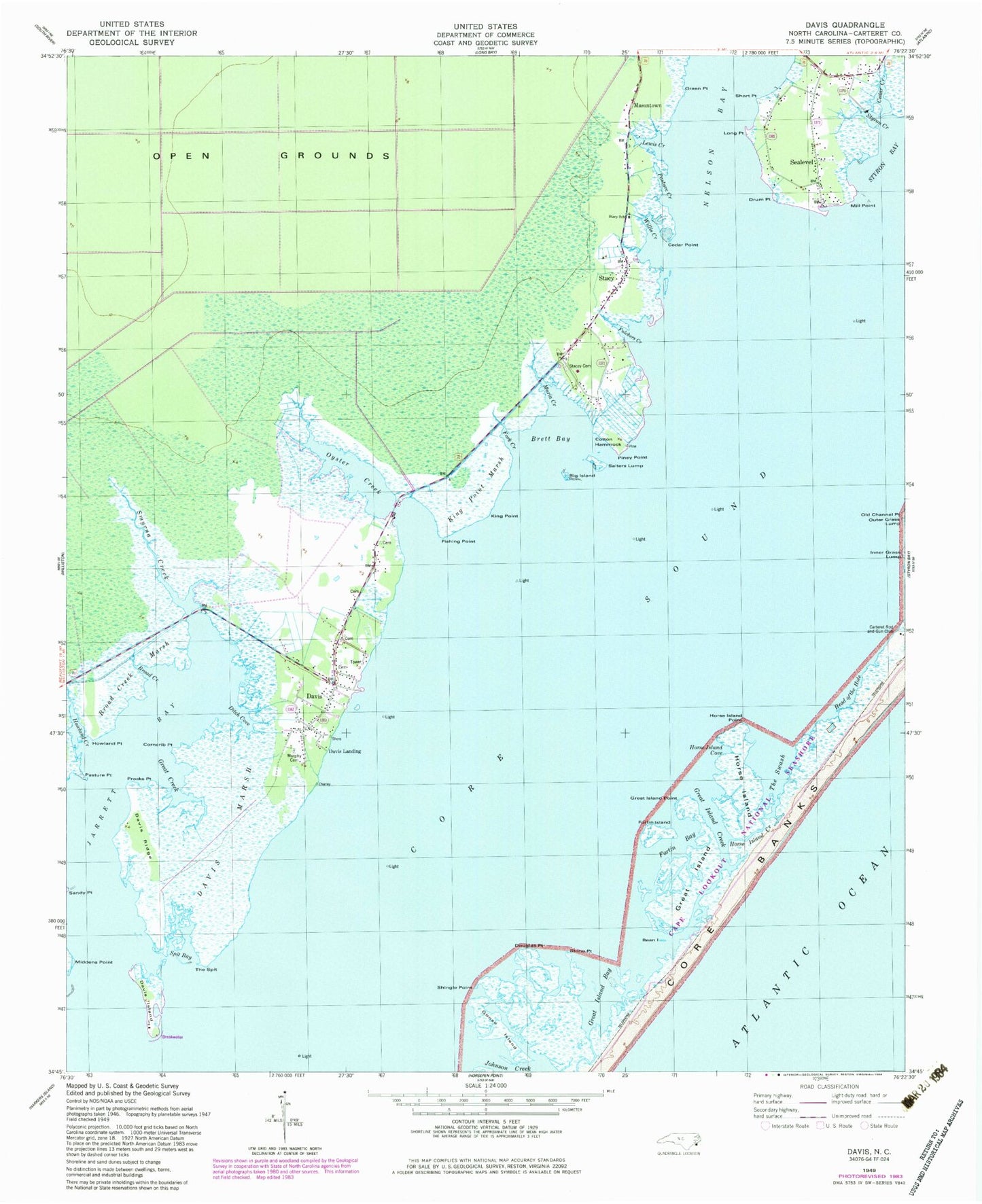 Classic USGS Davis North Carolina 7.5'x7.5' Topo Map Image