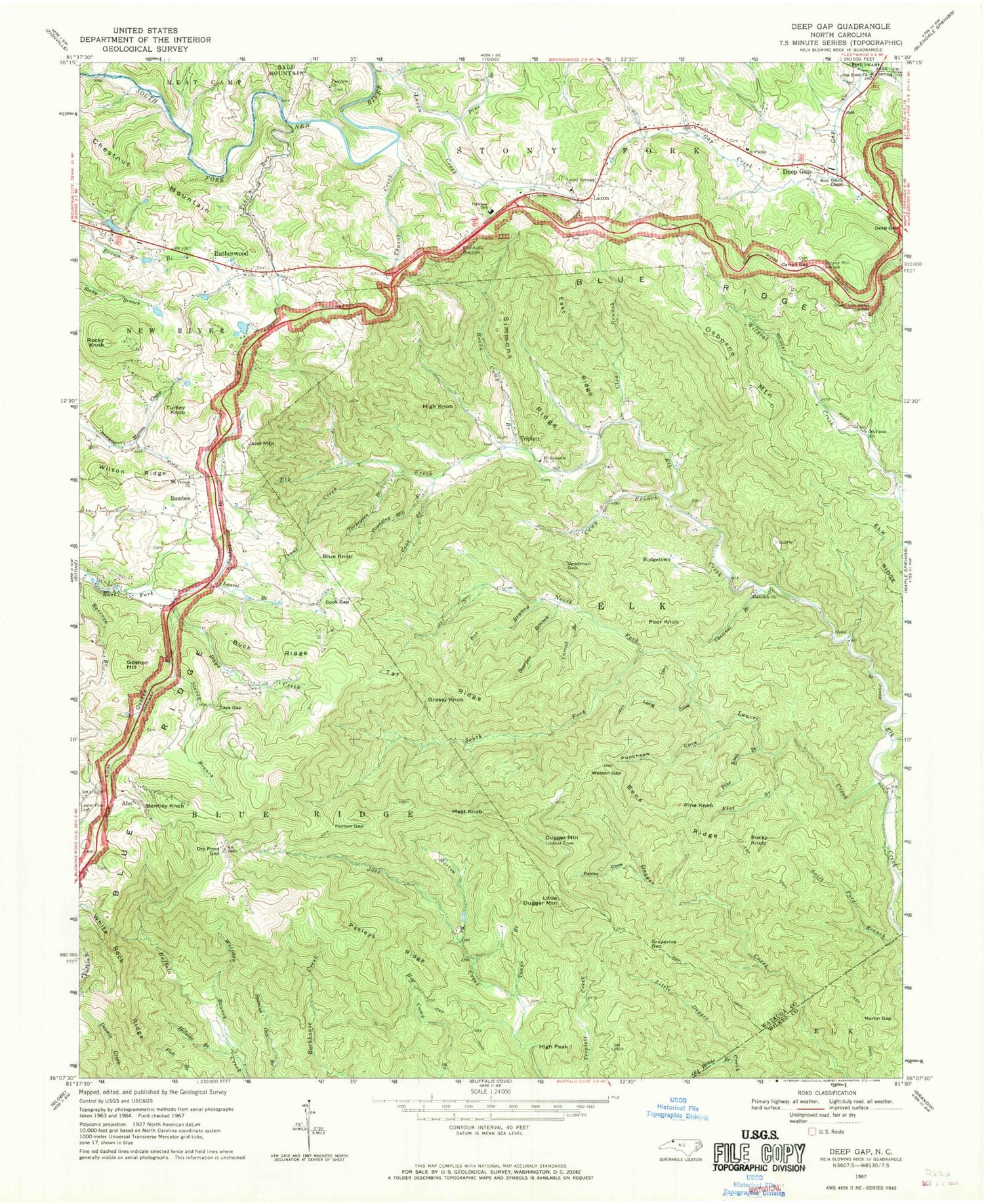Classic USGS Deep Gap North Carolina 7.5'x7.5' Topo Map Image