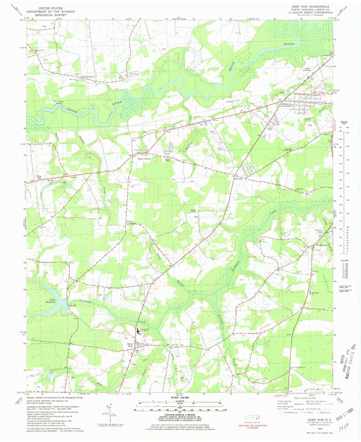 Classic USGS Deep Run North Carolina 7.5'x7.5' Topo Map Image