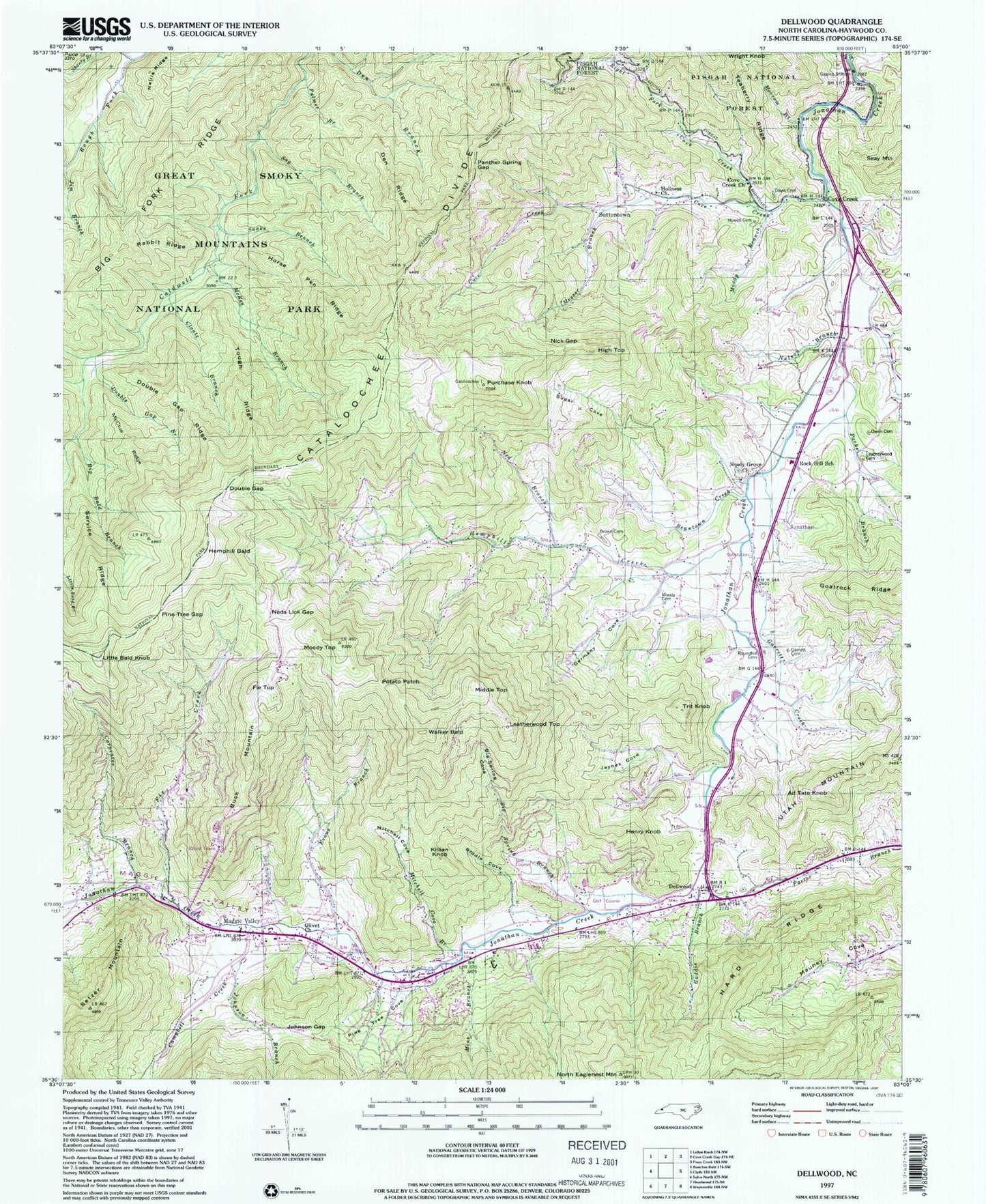 Classic USGS Dellwood North Carolina 7.5'x7.5' Topo Map Image