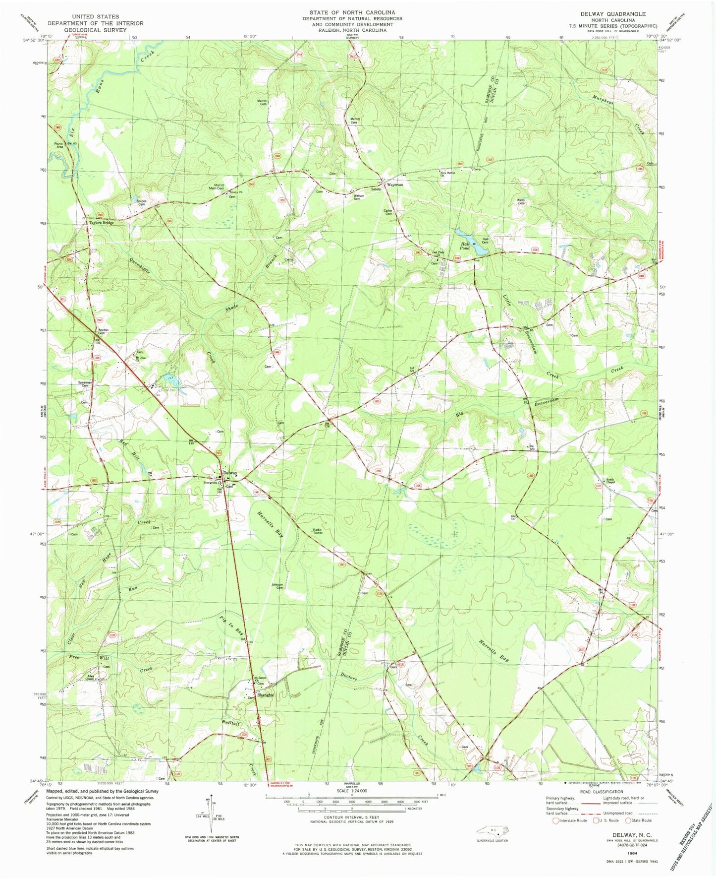 Classic USGS Delway North Carolina 7.5'x7.5' Topo Map Image