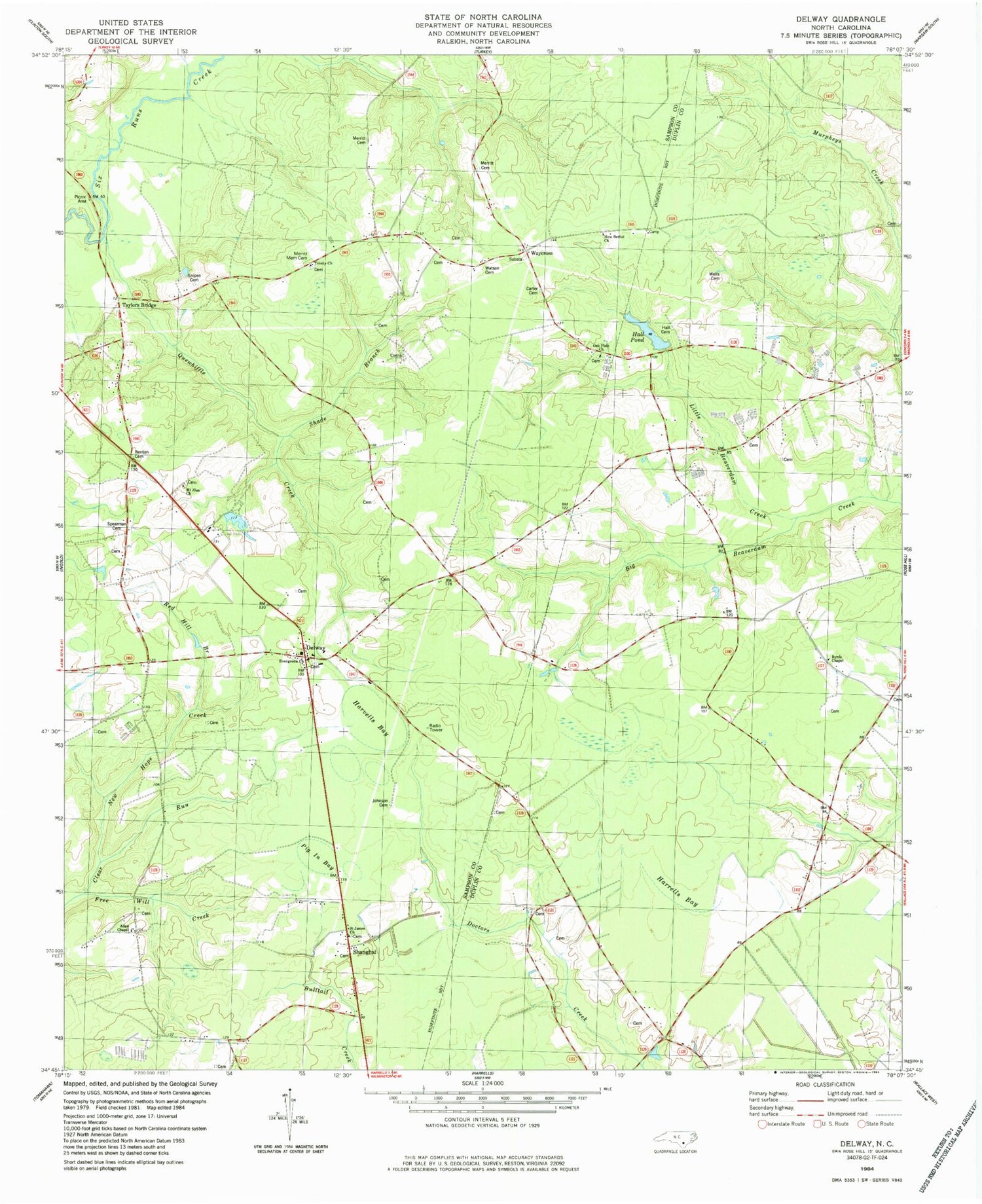 Classic USGS Delway North Carolina 7.5'x7.5' Topo Map Image