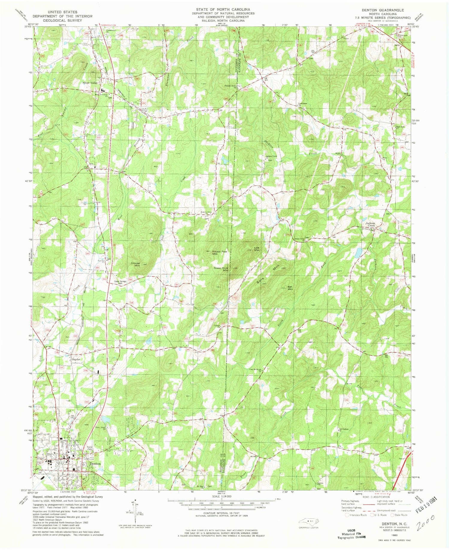 Classic USGS Denton North Carolina 7.5'x7.5' Topo Map Image