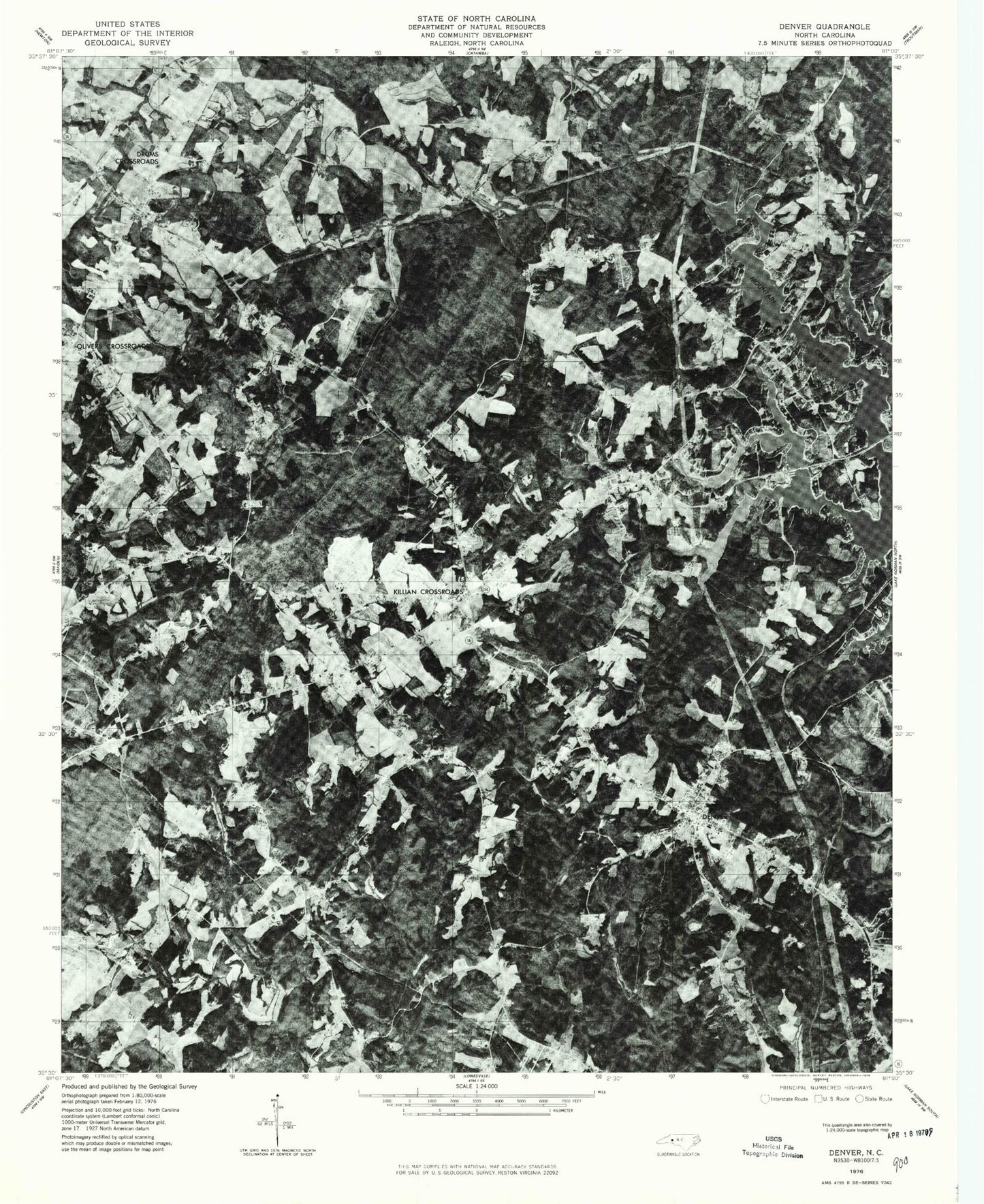 Classic USGS Denver North Carolina 7.5'x7.5' Topo Map Image