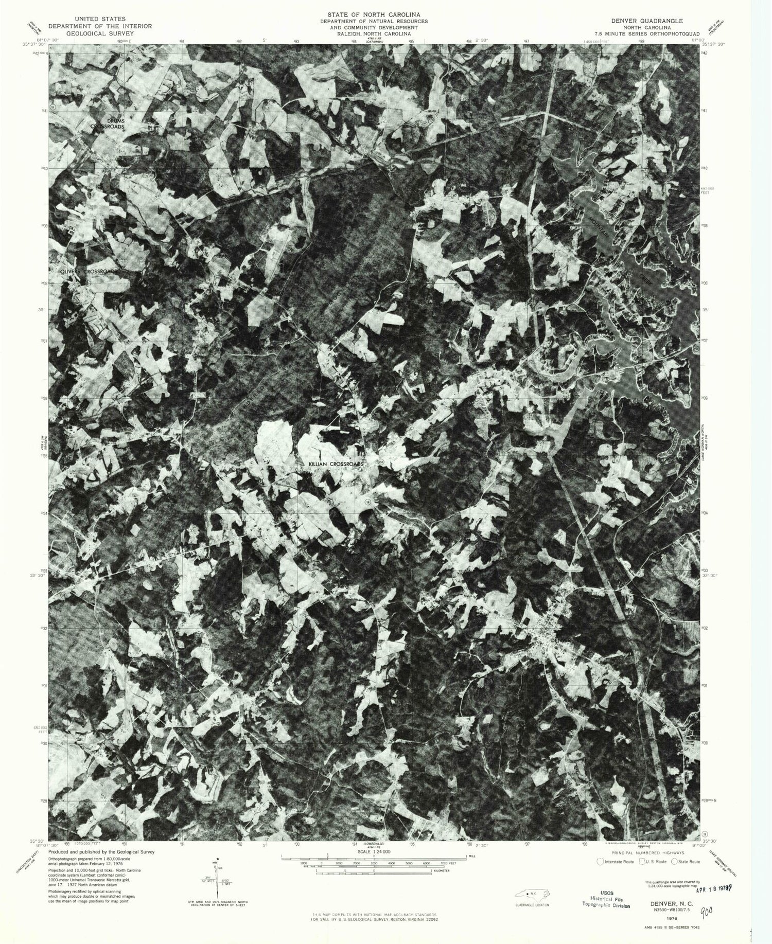 Classic USGS Denver North Carolina 7.5'x7.5' Topo Map Image