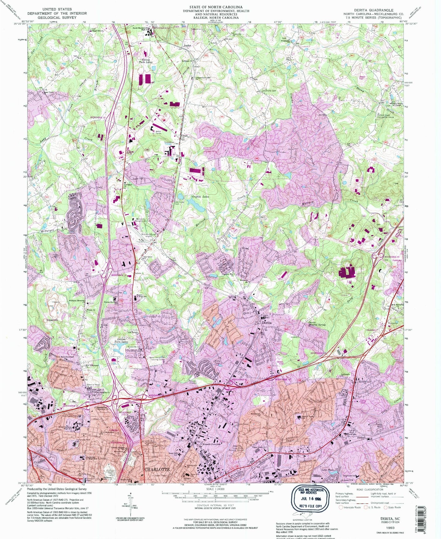 Classic USGS Derita North Carolina 7.5'x7.5' Topo Map Image