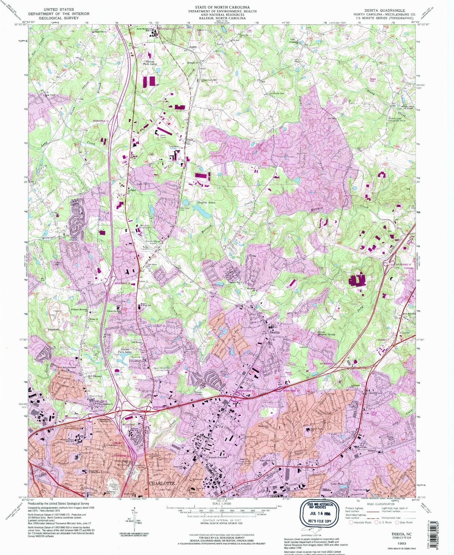 Classic USGS Derita North Carolina 7.5'x7.5' Topo Map Image