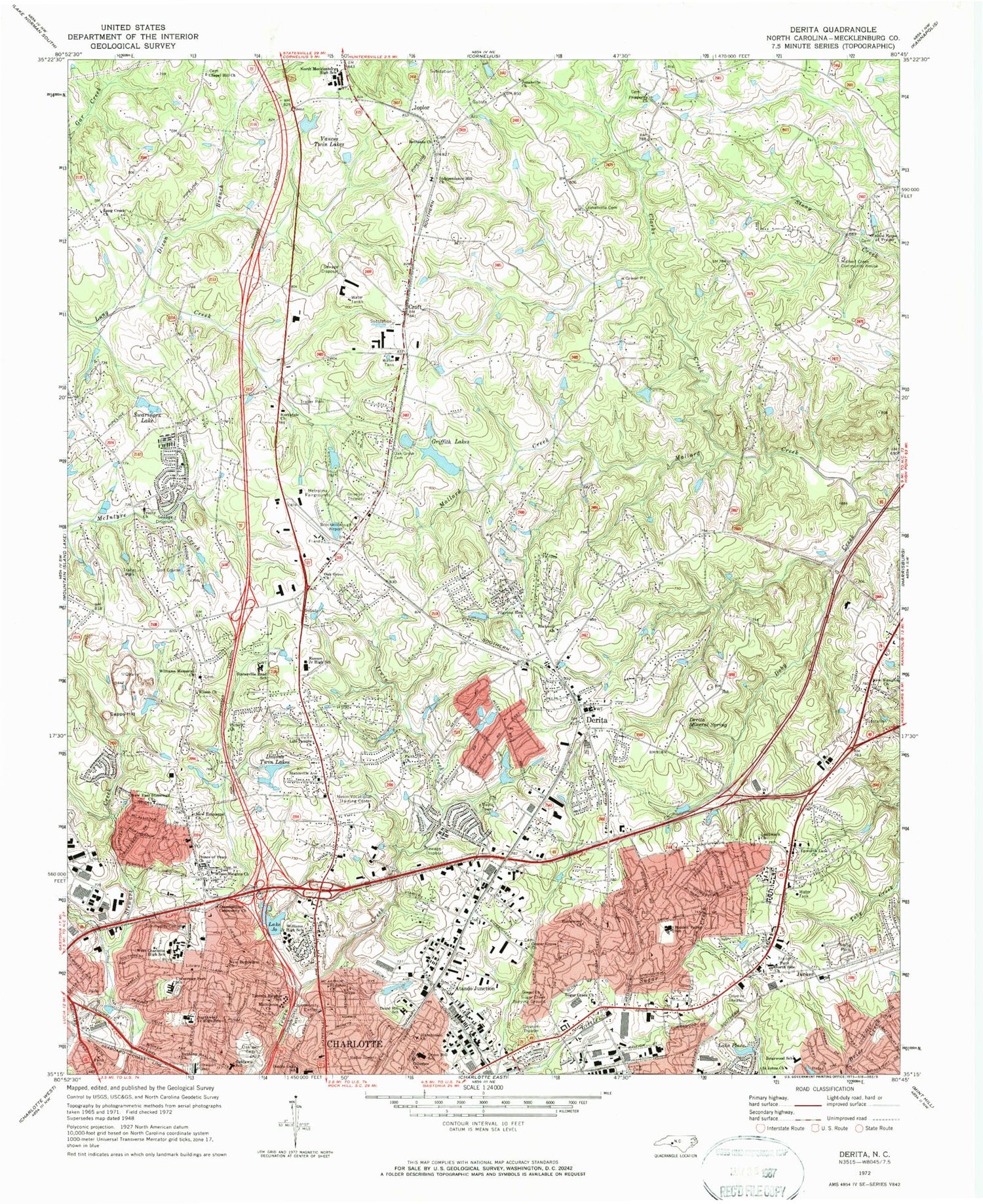 Classic USGS Derita North Carolina 7.5'x7.5' Topo Map Image