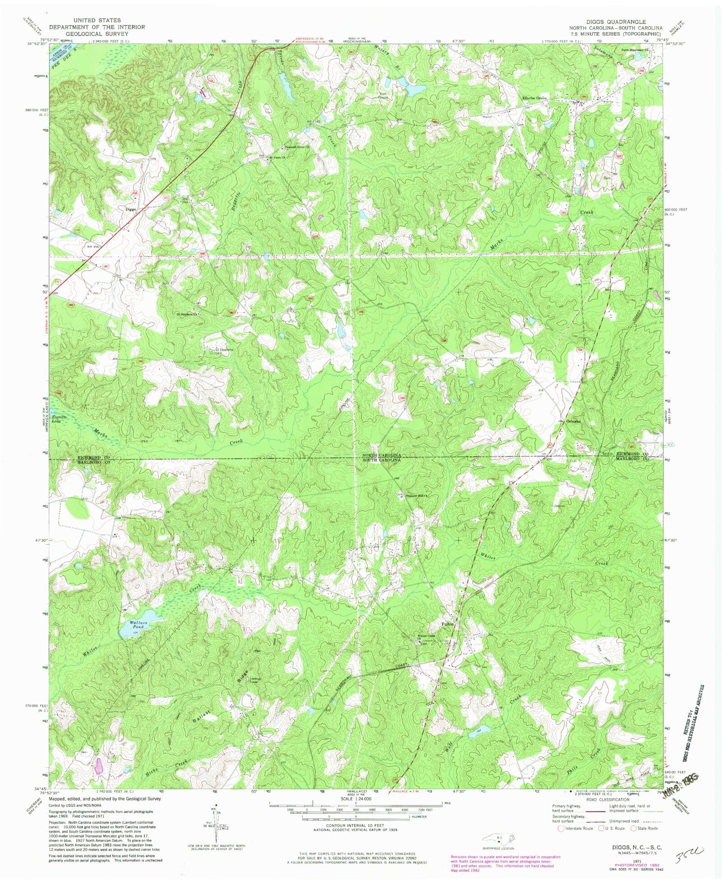 Classic USGS Diggs North Carolina 7.5'x7.5' Topo Map Image
