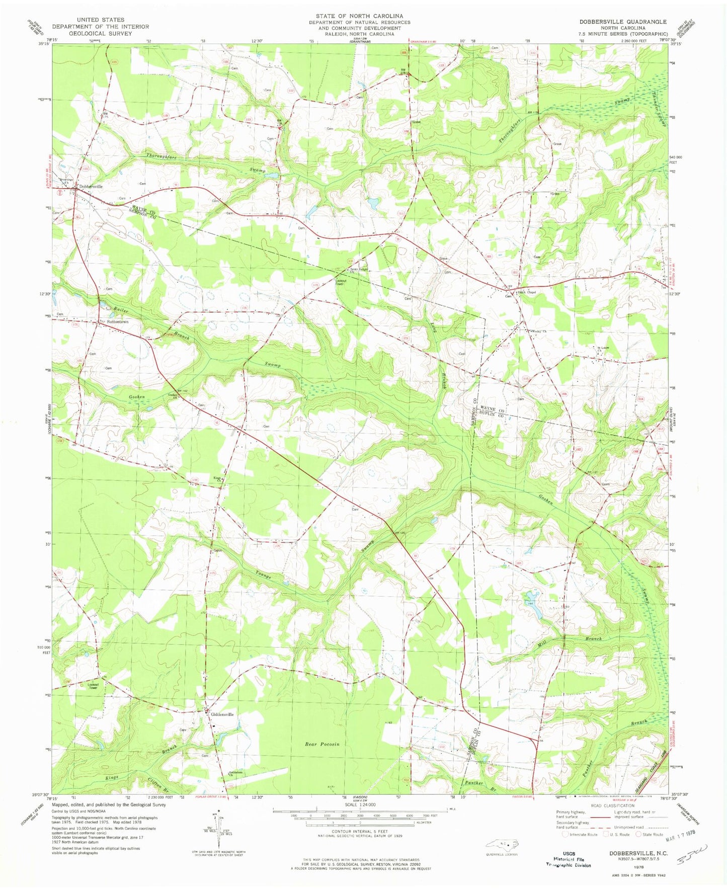 Classic USGS Dobbersville North Carolina 7.5'x7.5' Topo Map Image
