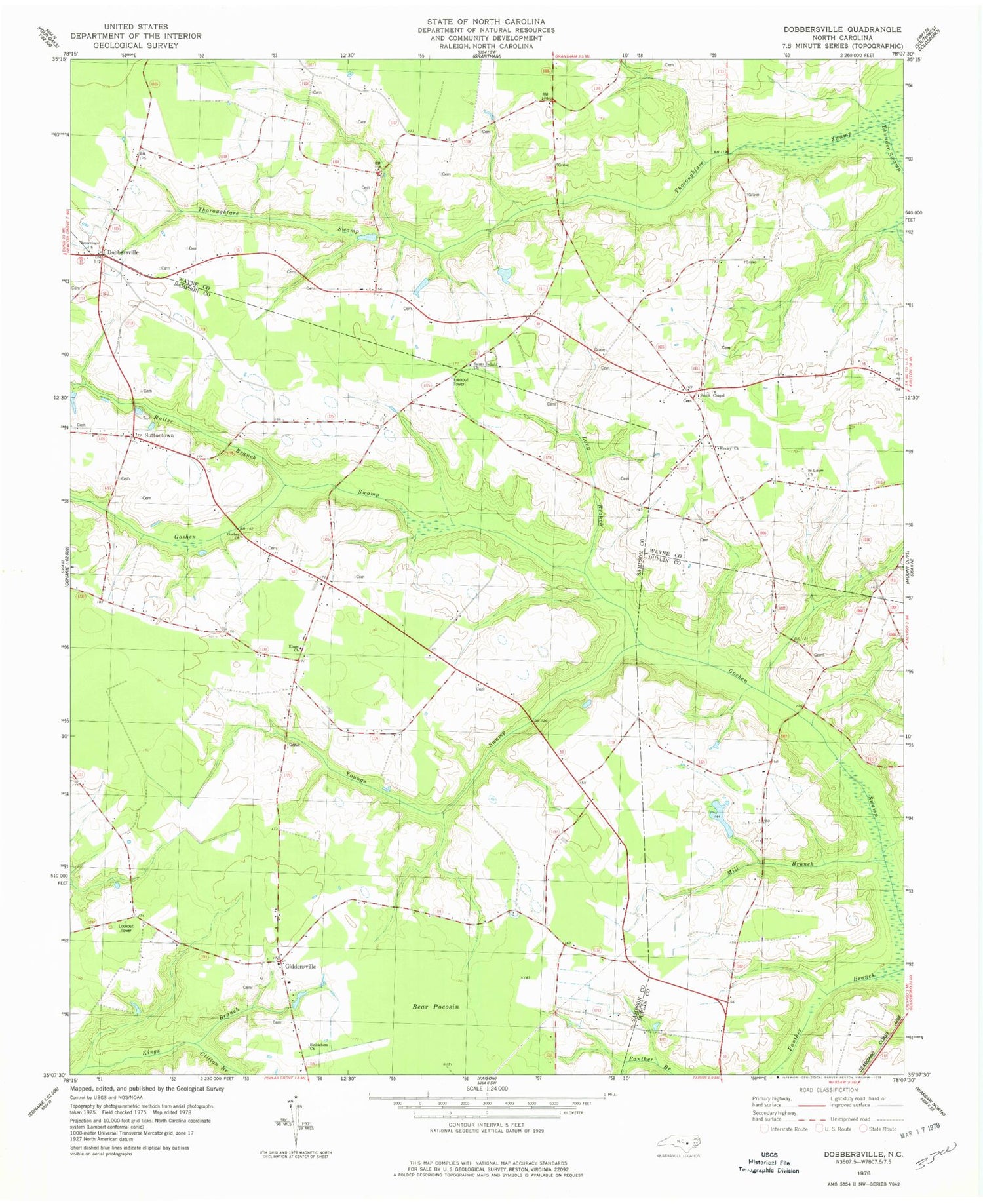Classic USGS Dobbersville North Carolina 7.5'x7.5' Topo Map Image