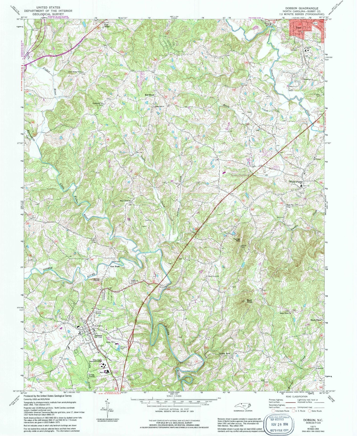 Classic USGS Dobson North Carolina 7.5'x7.5' Topo Map Image