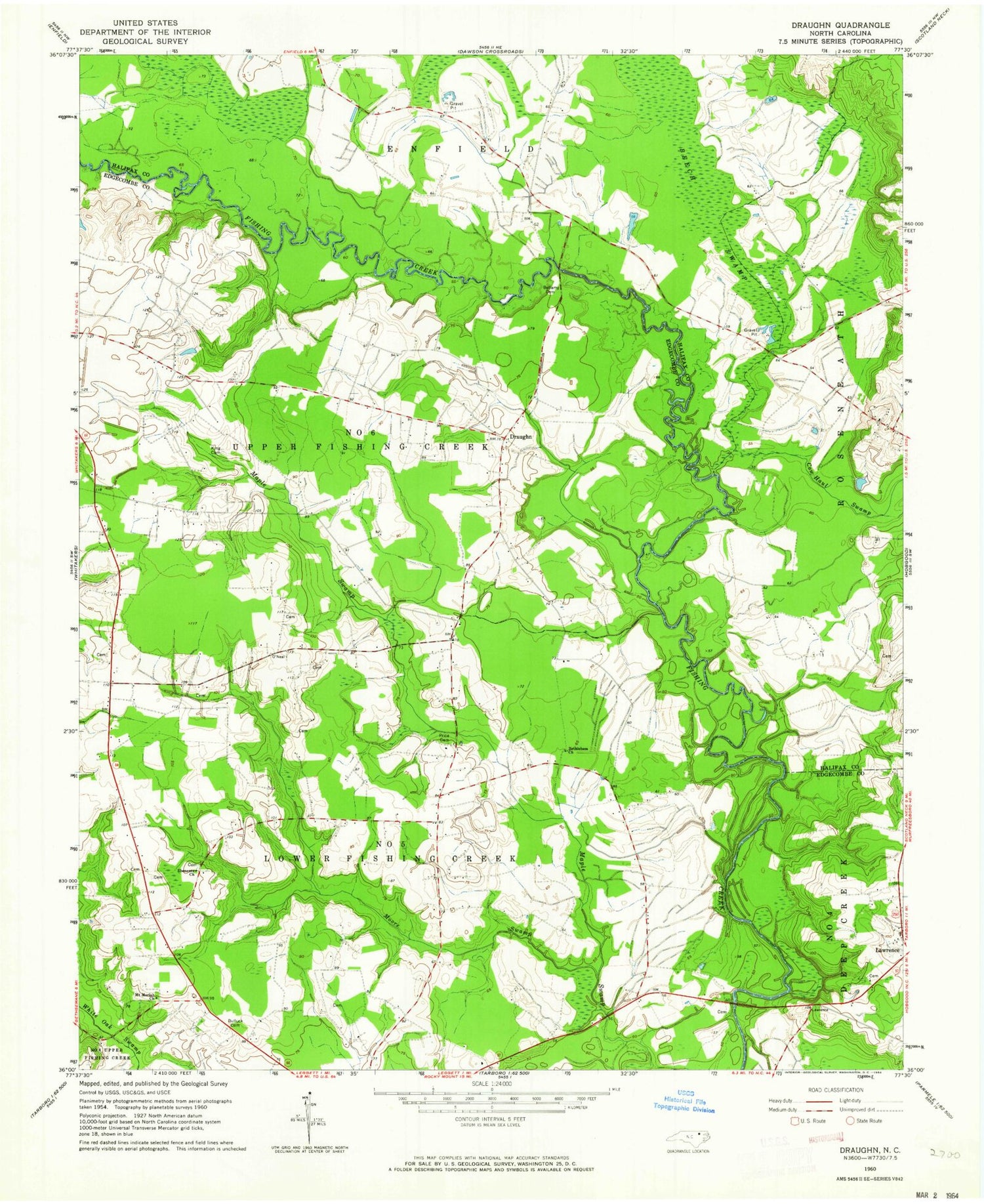 Classic USGS Draughn North Carolina 7.5'x7.5' Topo Map Image