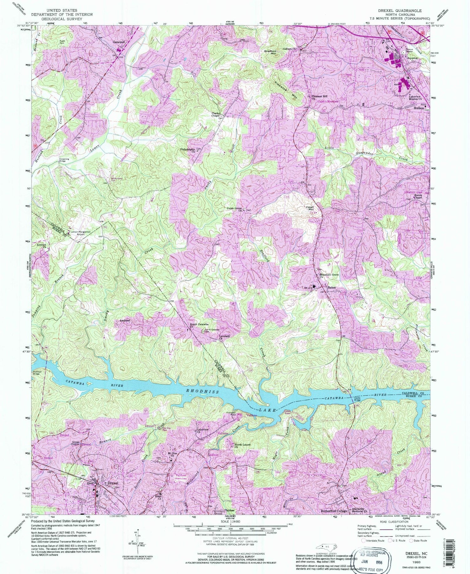Classic USGS Drexel North Carolina 7.5'x7.5' Topo Map Image