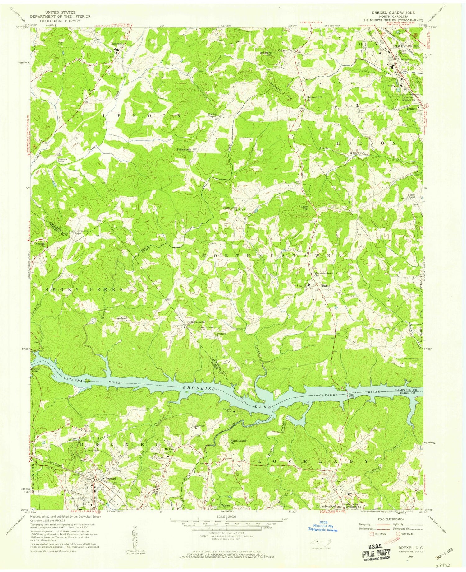 Classic USGS Drexel North Carolina 7.5'x7.5' Topo Map Image