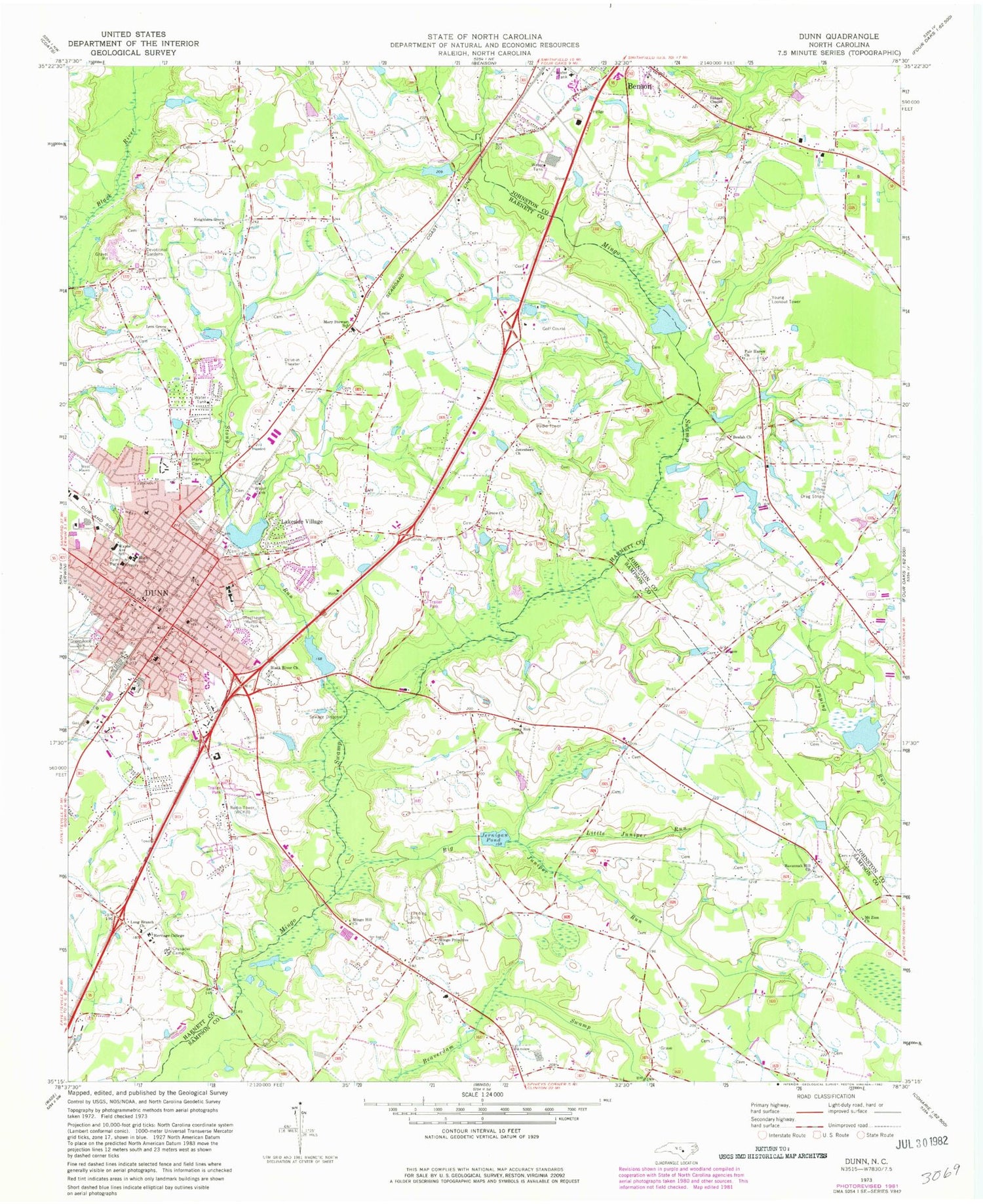 Classic USGS Dunn North Carolina 7.5'x7.5' Topo Map Image