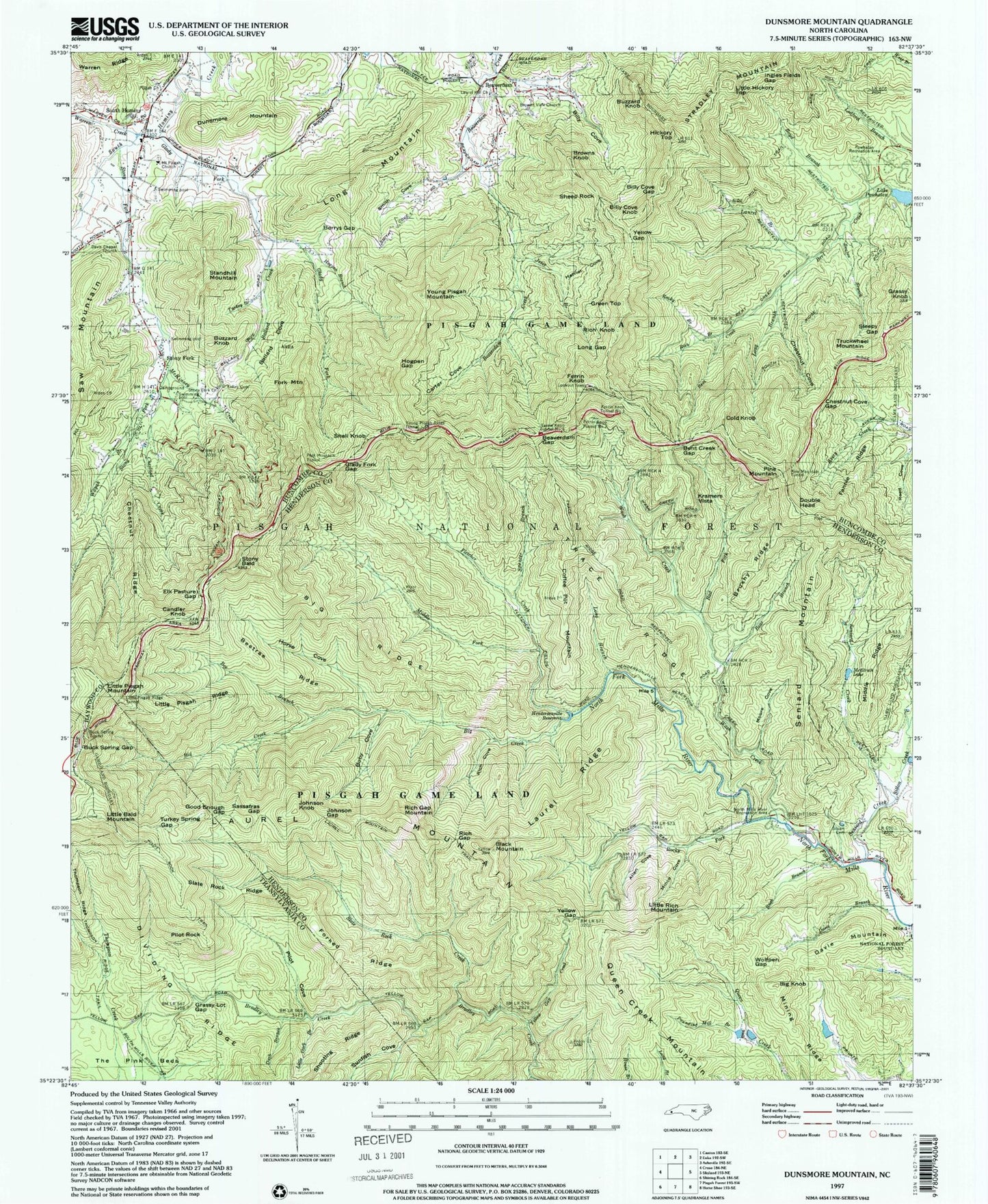 Classic USGS Dunsmore Mountain North Carolina 7.5'x7.5' Topo Map Image