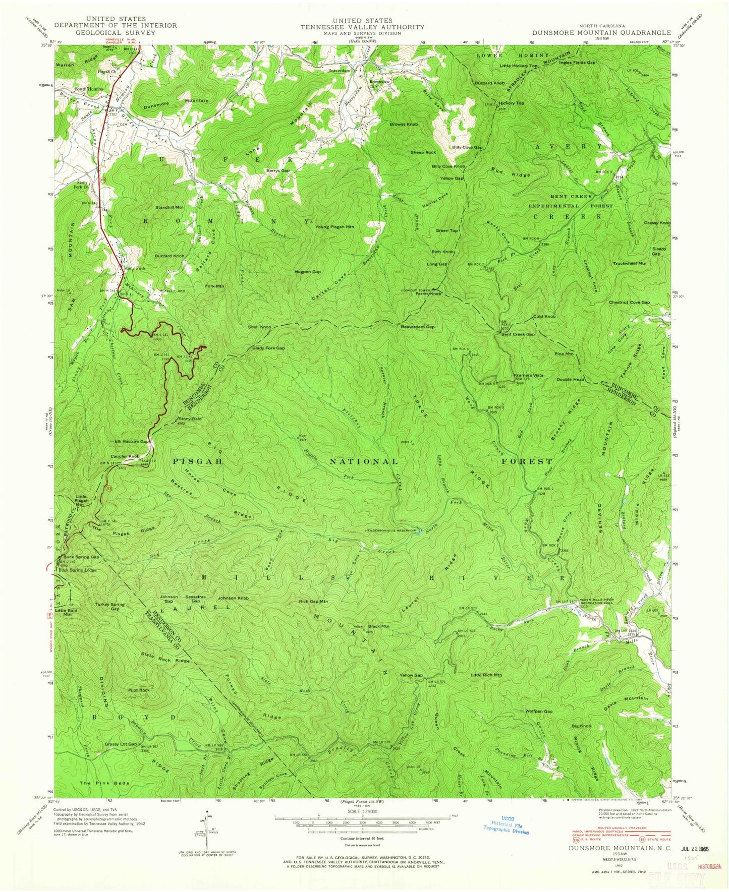 Classic USGS Dunsmore Mountain North Carolina 7.5'x7.5' Topo Map Image