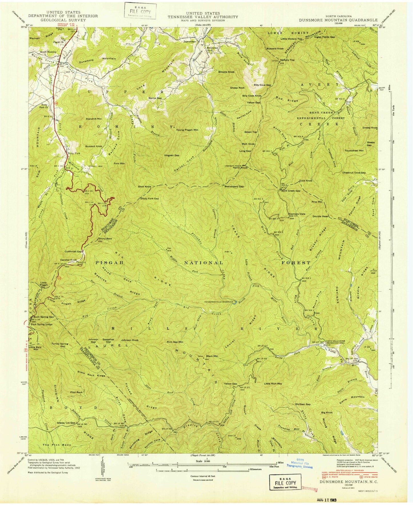 Classic USGS Dunsmore Mountain North Carolina 7.5'x7.5' Topo Map Image