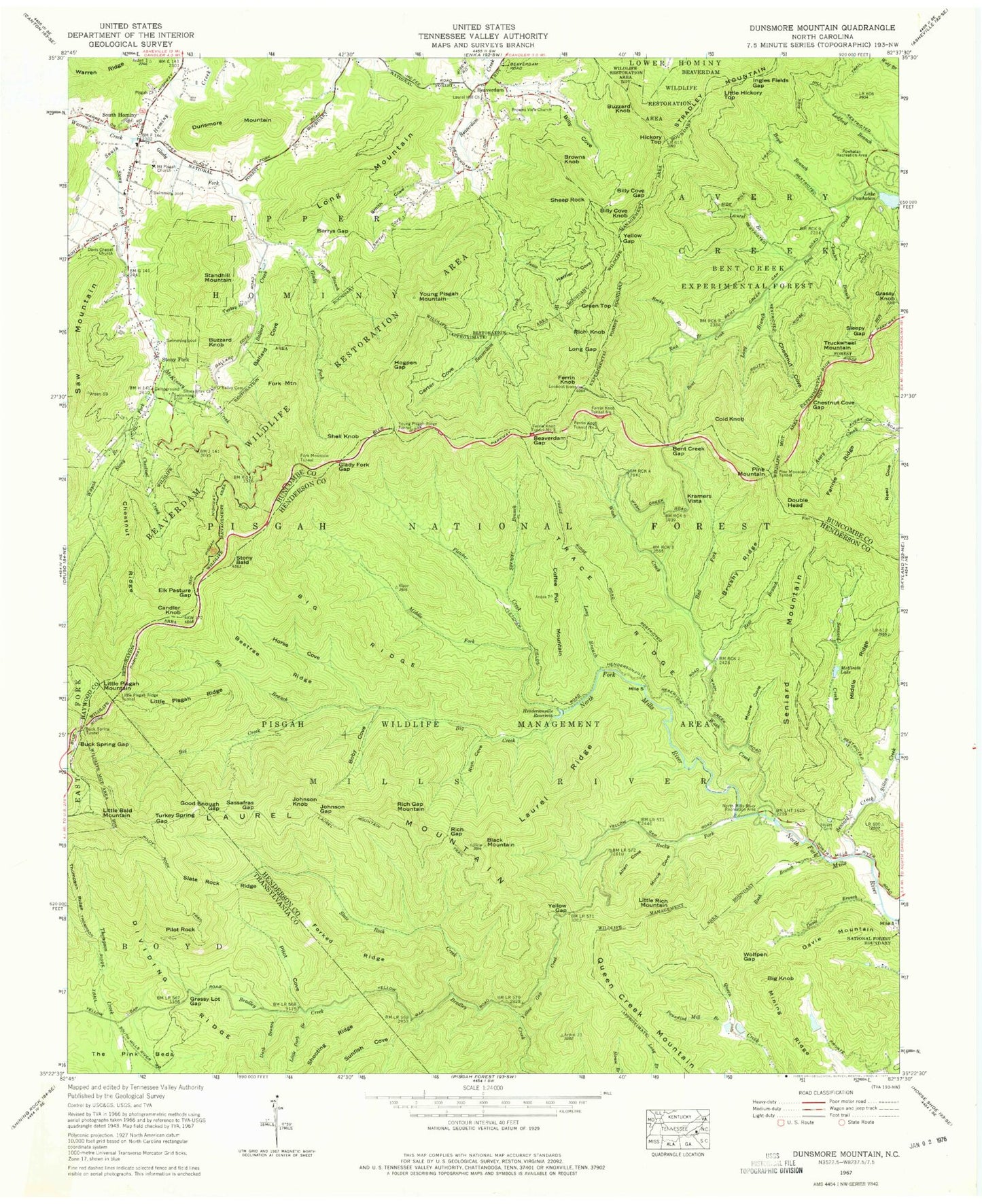 Classic USGS Dunsmore Mountain North Carolina 7.5'x7.5' Topo Map Image