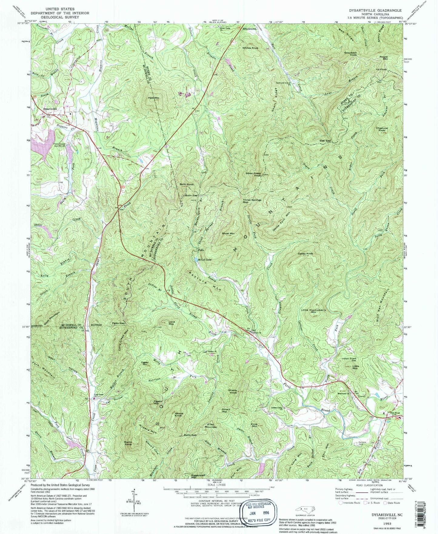 Classic USGS Dysartsville North Carolina 7.5'x7.5' Topo Map Image