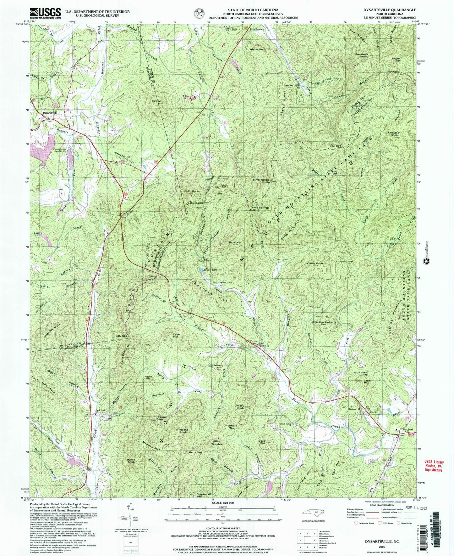Classic USGS Dysartsville North Carolina 7.5'x7.5' Topo Map Image