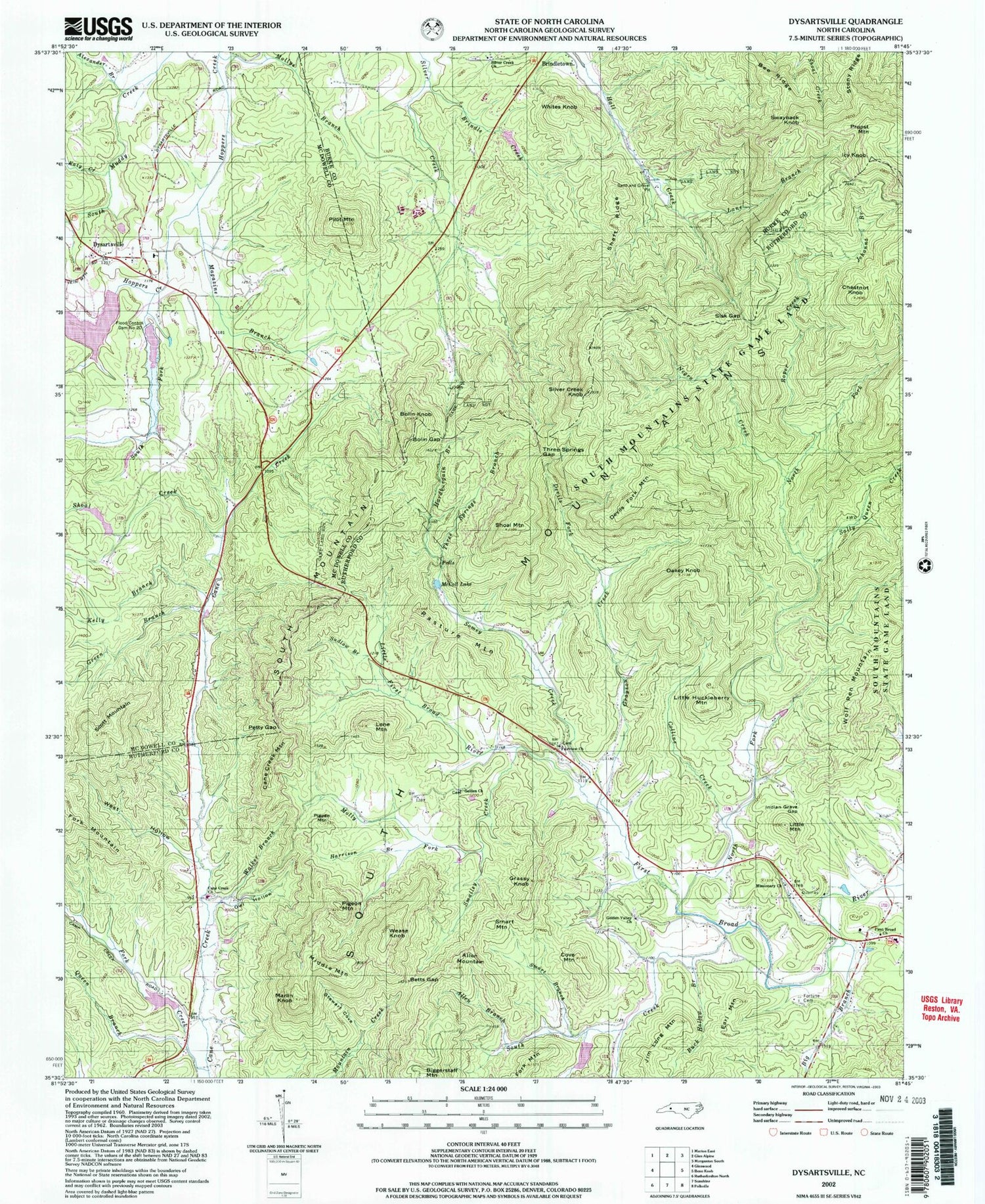 Classic USGS Dysartsville North Carolina 7.5'x7.5' Topo Map Image