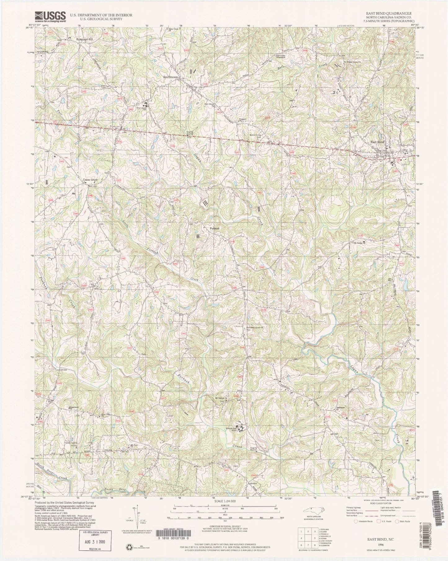 Classic USGS East Bend North Carolina 7.5'x7.5' Topo Map Image