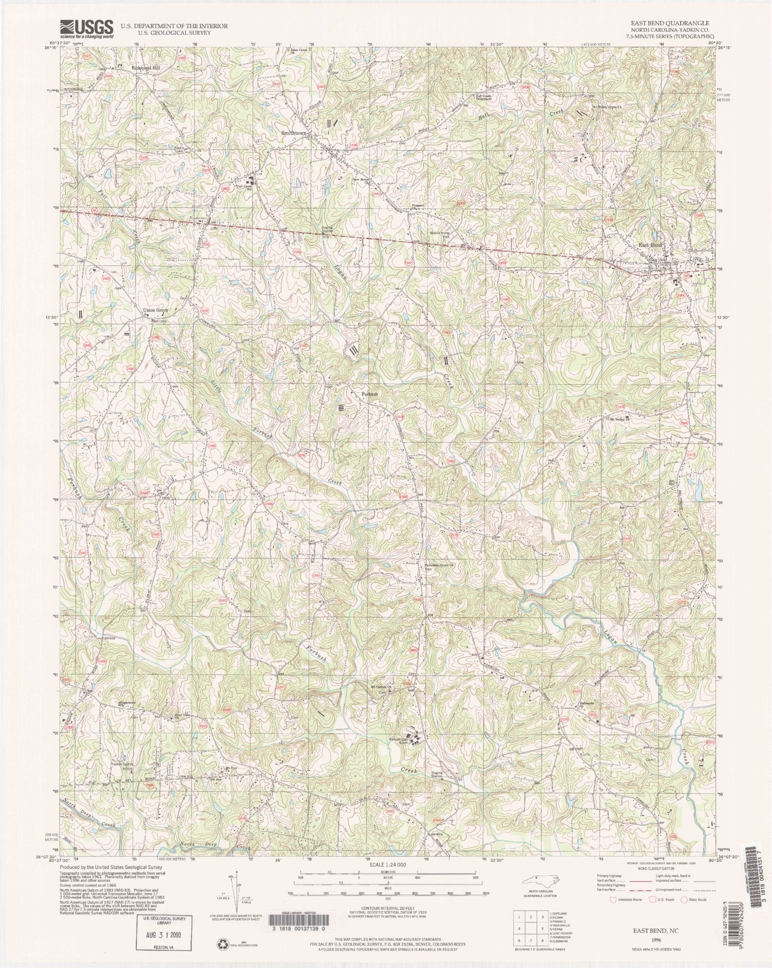 Classic USGS East Bend North Carolina 7.5'x7.5' Topo Map Image