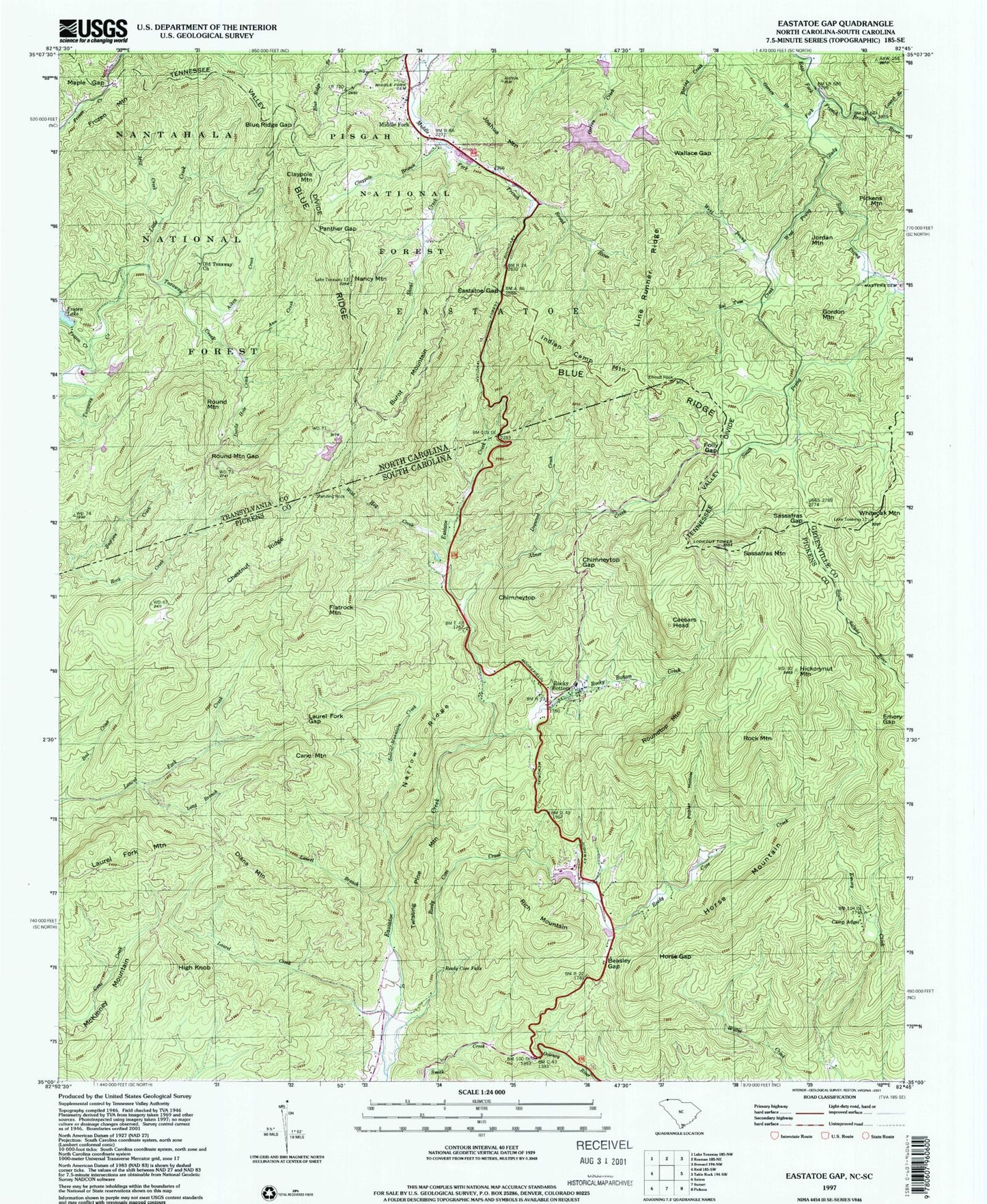 Classic USGS Eastatoe Gap North Carolina 7.5'x7.5' Topo Map Image