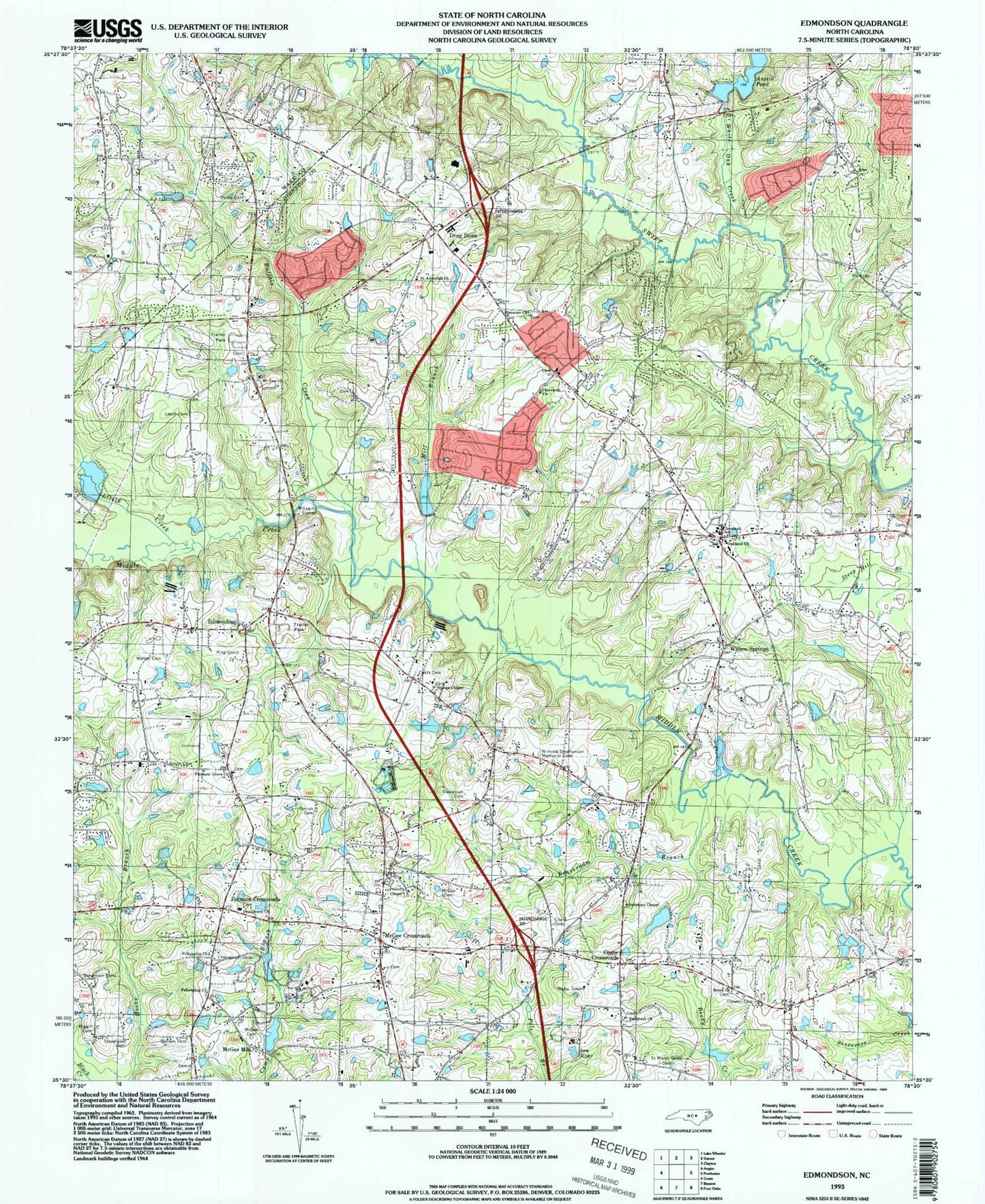 Classic USGS Edmondson North Carolina 7.5'x7.5' Topo Map Image