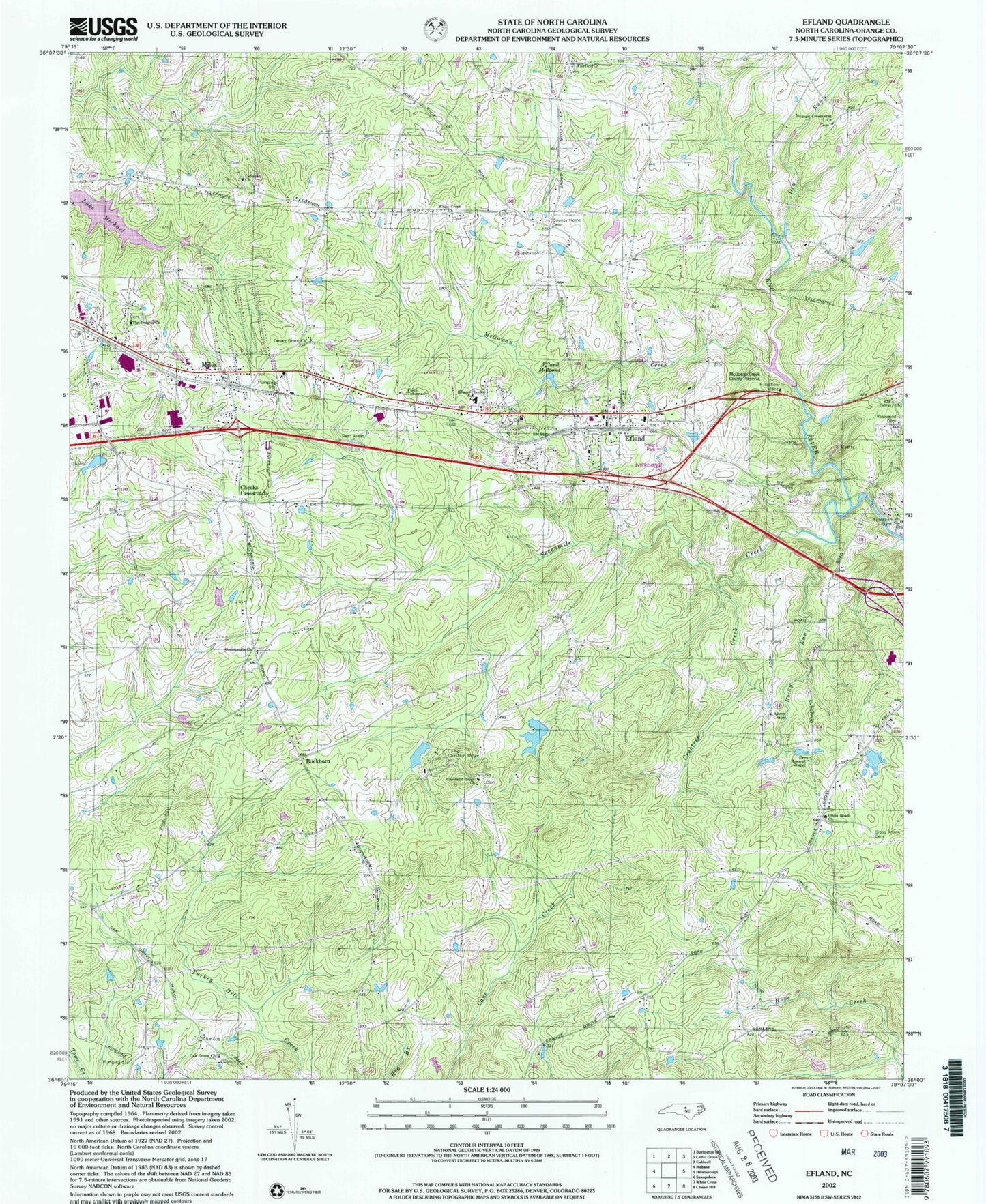 Classic USGS Efland North Carolina 7.5'x7.5' Topo Map Image