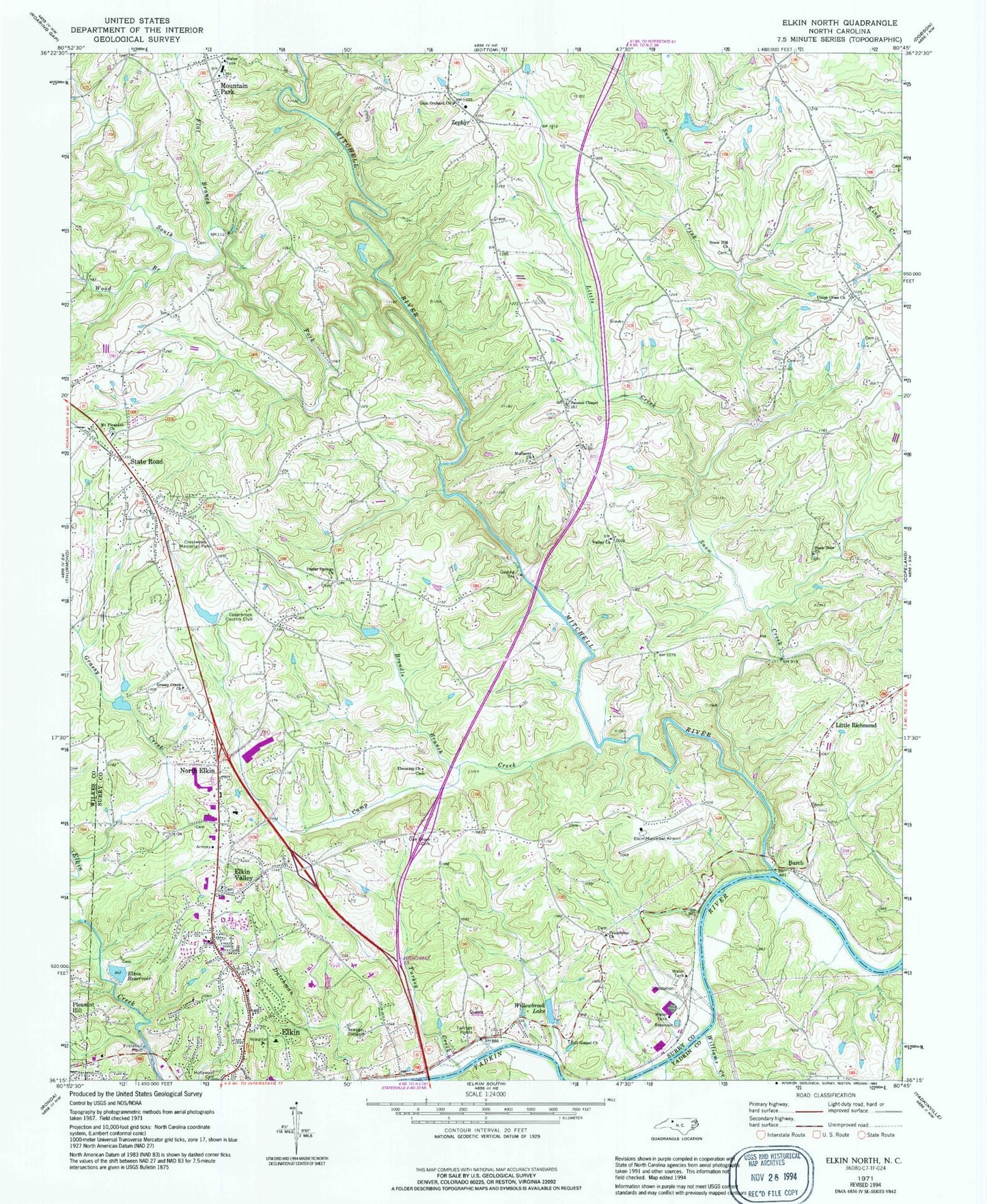 Classic USGS Elkin North North Carolina 7.5'x7.5' Topo Map Image