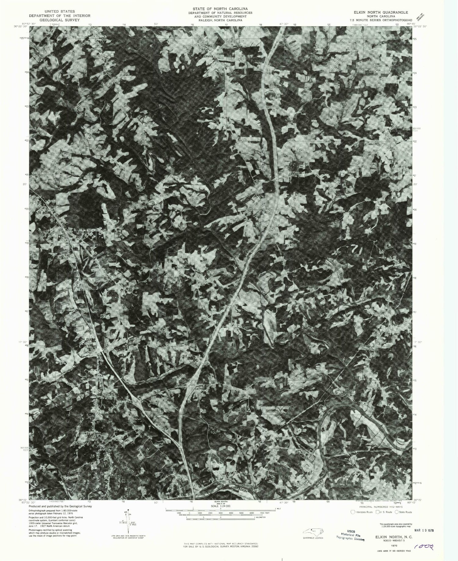 Classic USGS Elkin North North Carolina 7.5'x7.5' Topo Map Image