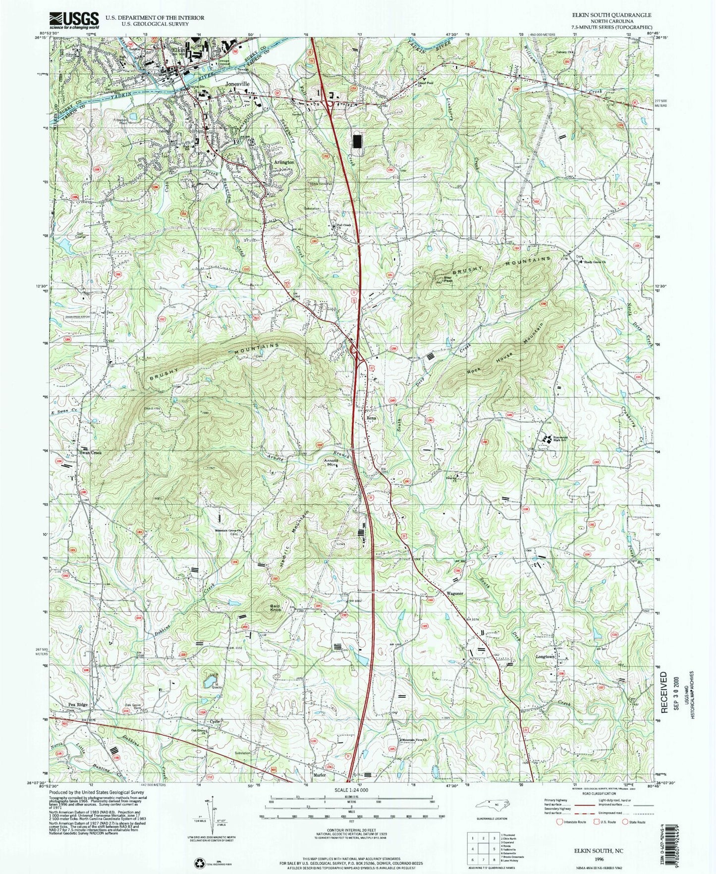 Classic USGS Elkin South North Carolina 7.5'x7.5' Topo Map Image