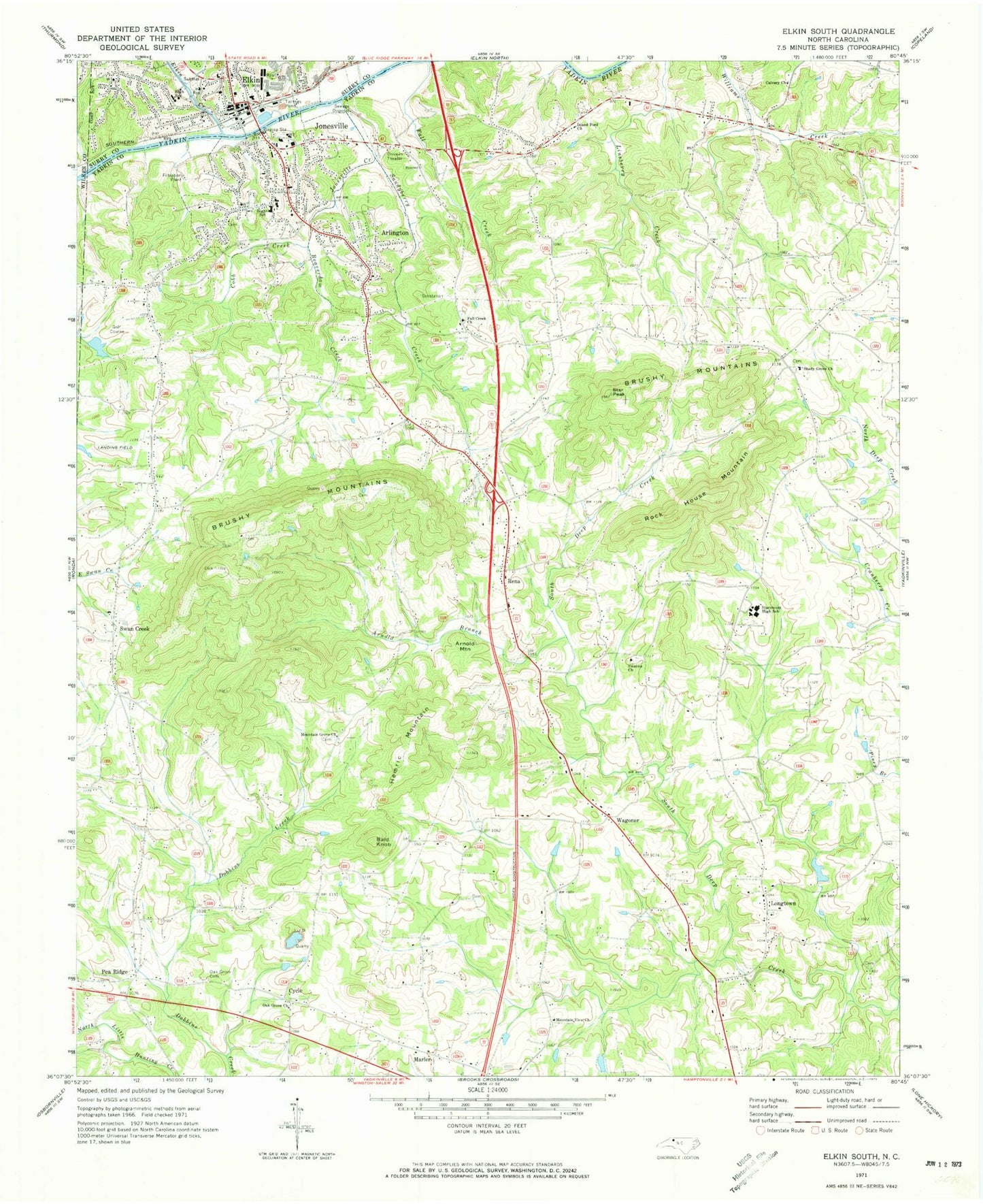 Classic USGS Elkin South North Carolina 7.5'x7.5' Topo Map Image