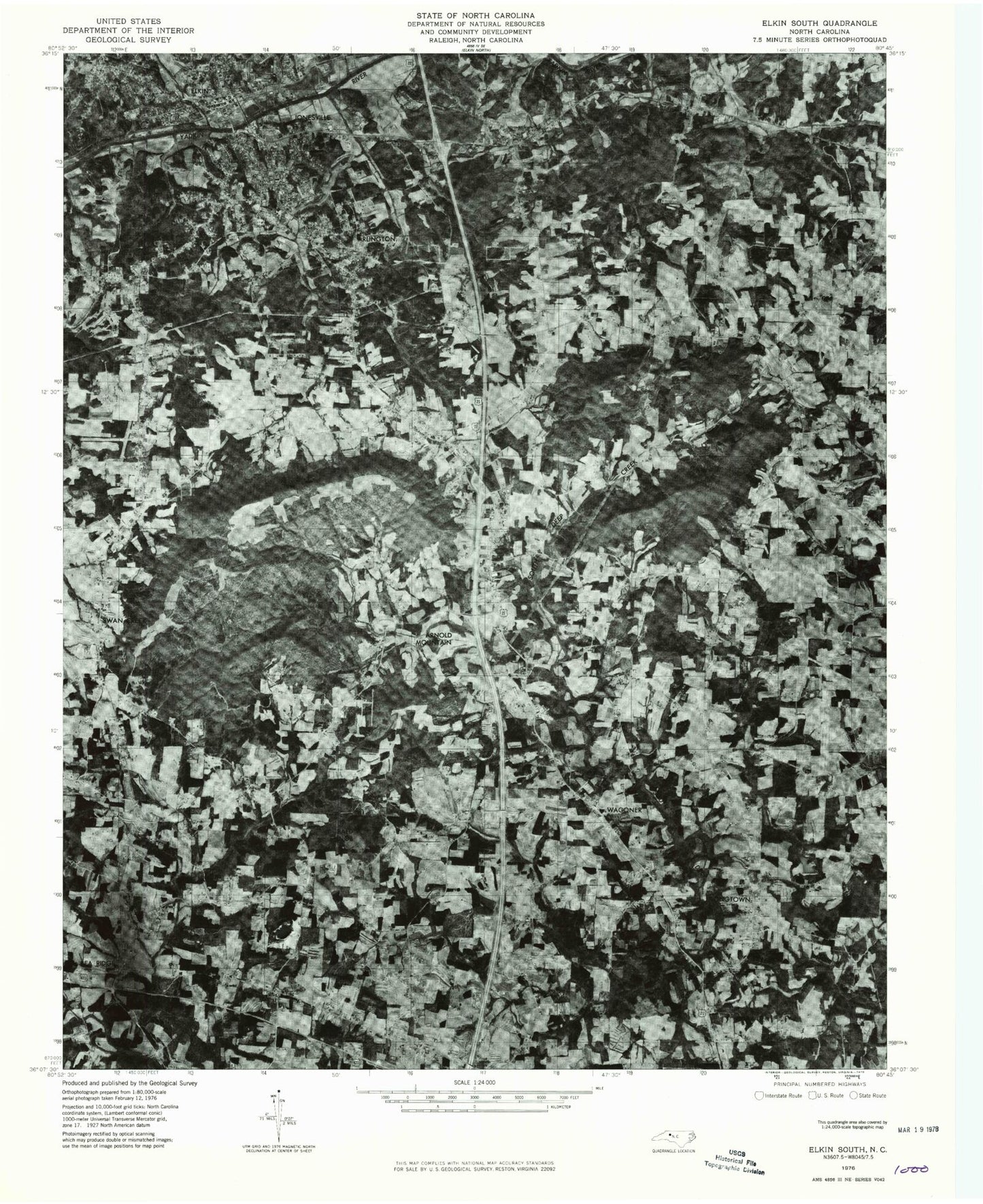 Classic USGS Elkin South North Carolina 7.5'x7.5' Topo Map Image