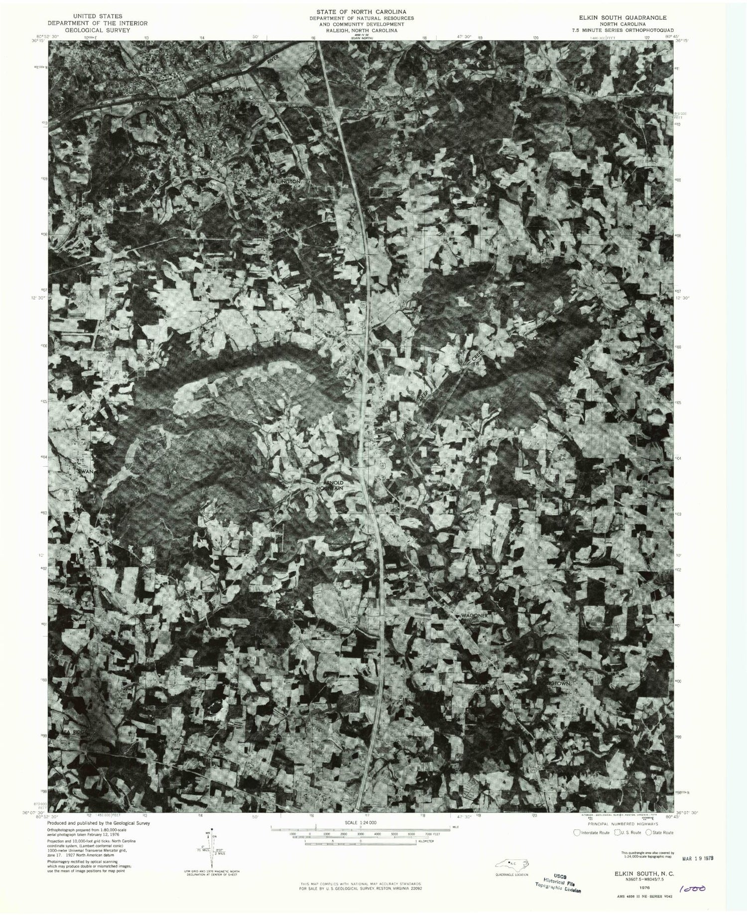 Classic USGS Elkin South North Carolina 7.5'x7.5' Topo Map Image