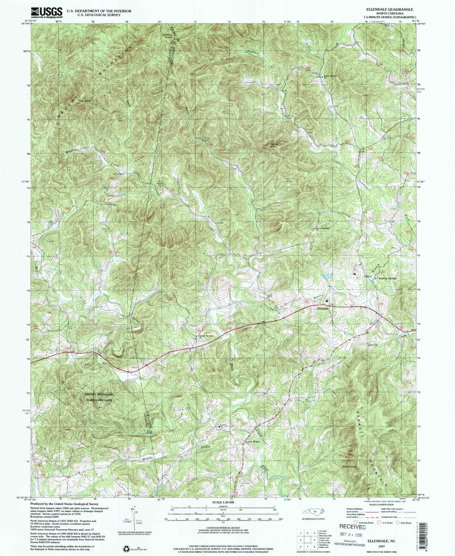 Classic USGS Ellendale North Carolina 7.5'x7.5' Topo Map Image