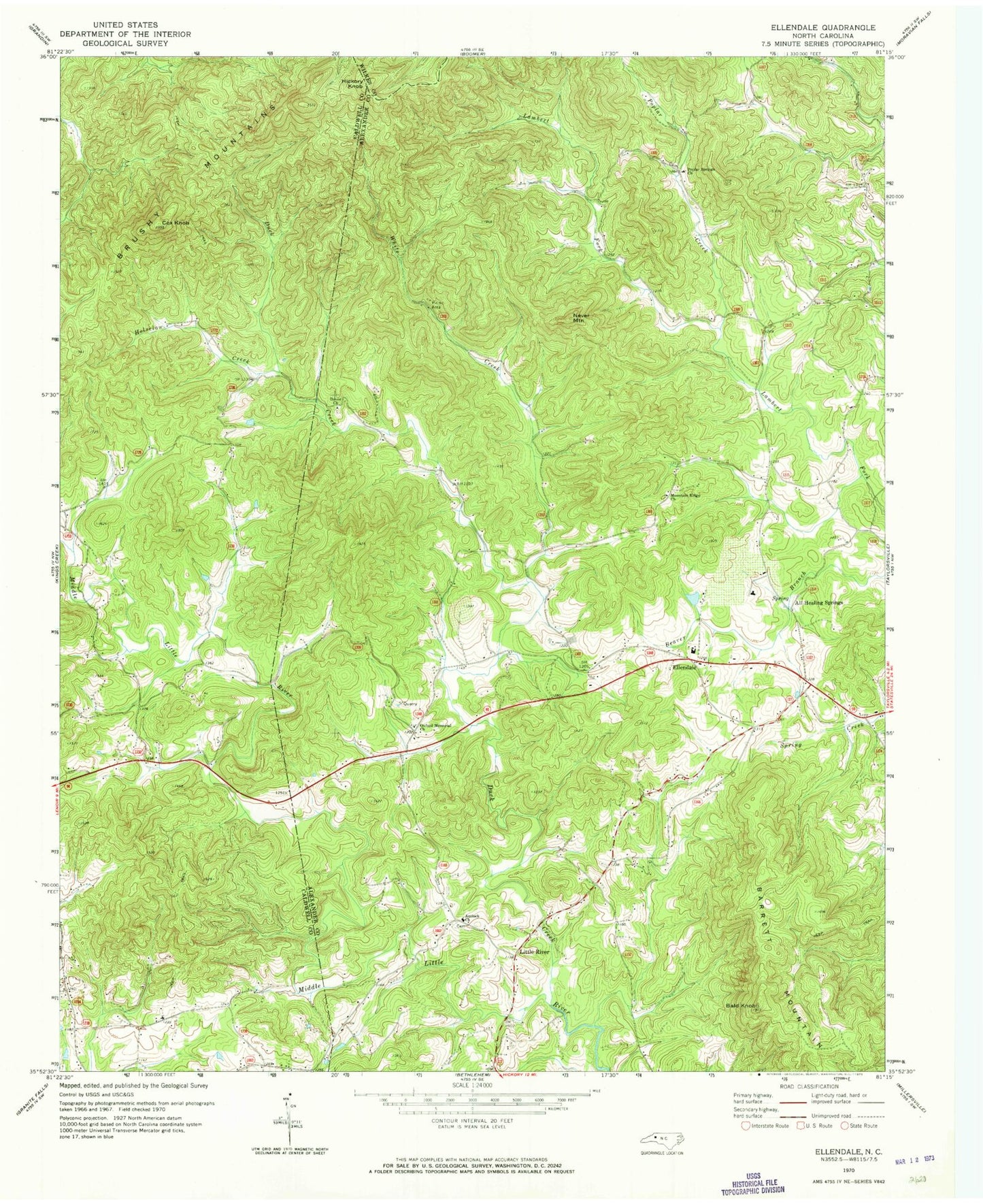 Classic USGS Ellendale North Carolina 7.5'x7.5' Topo Map Image